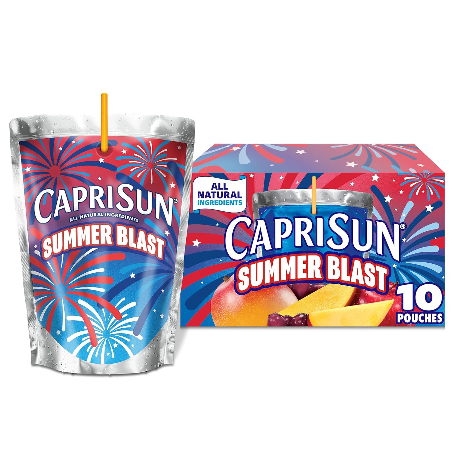 Capri Sun Summer Blast Passion Fruit Mango flavored Juice Drink Blend, from concentrate with other natural flavor, 10 ct Box, 6 fl oz Pouches