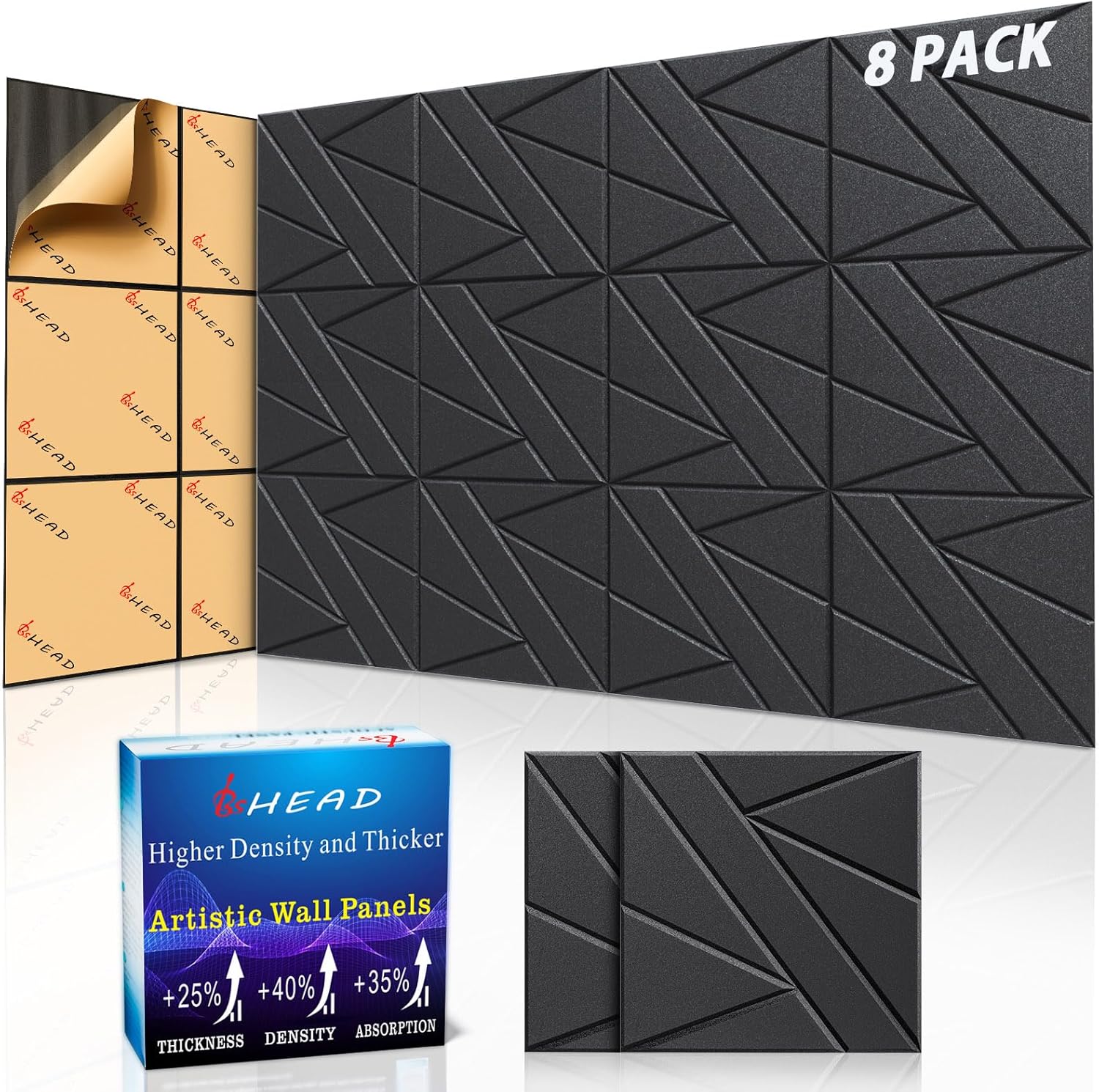 8 Pack Self-Adhesive Soundproof Wall Panels, 12 x 12 x 0.47 In Sound Proof Foam Panels for Walls, 1.2lb/ft³ High Density, Thicker 0.47in, Acoustic Panels, Noise Dampening Panels Studio Black