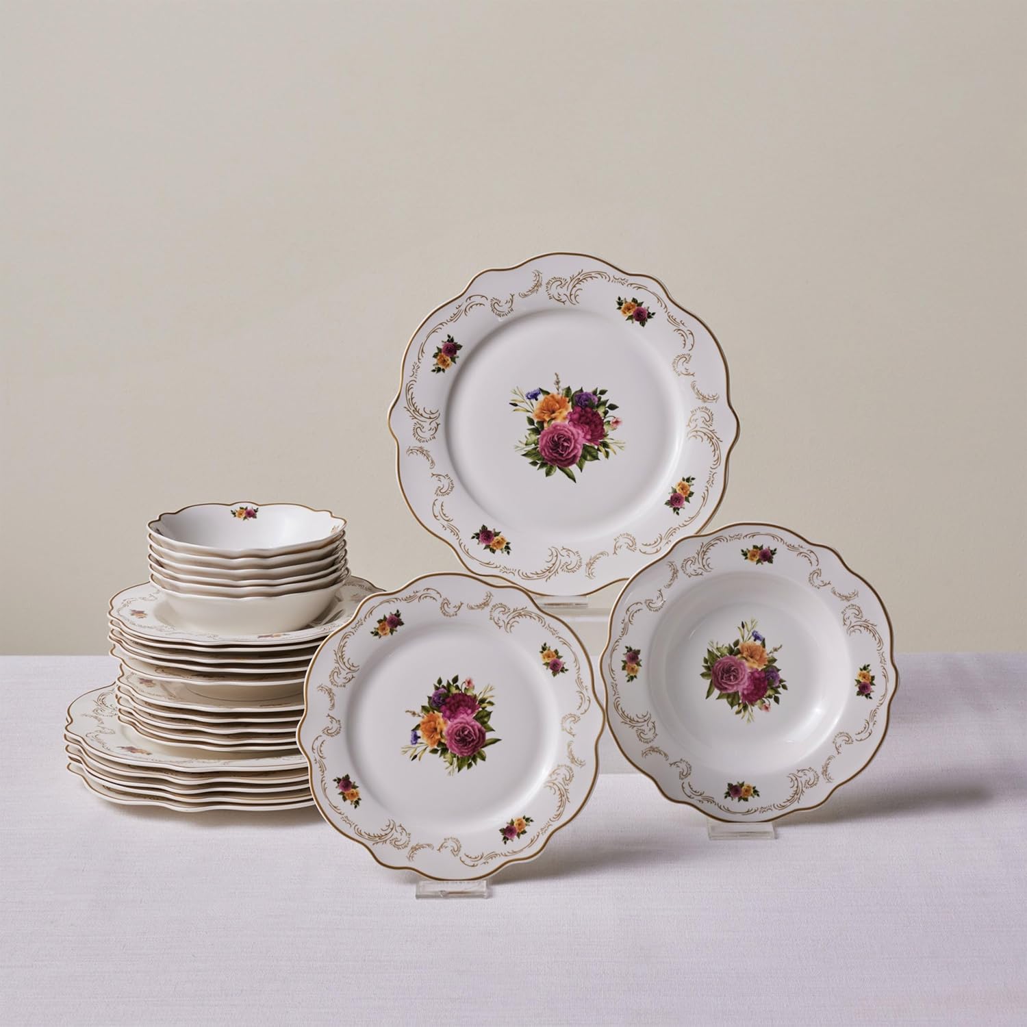Karaca Antique Plates and Bowls Set for 6 People, White Dinner Set, Complete Kitchen Tableware Collection, Colourful Flower Design, Bone China, 24 Piece