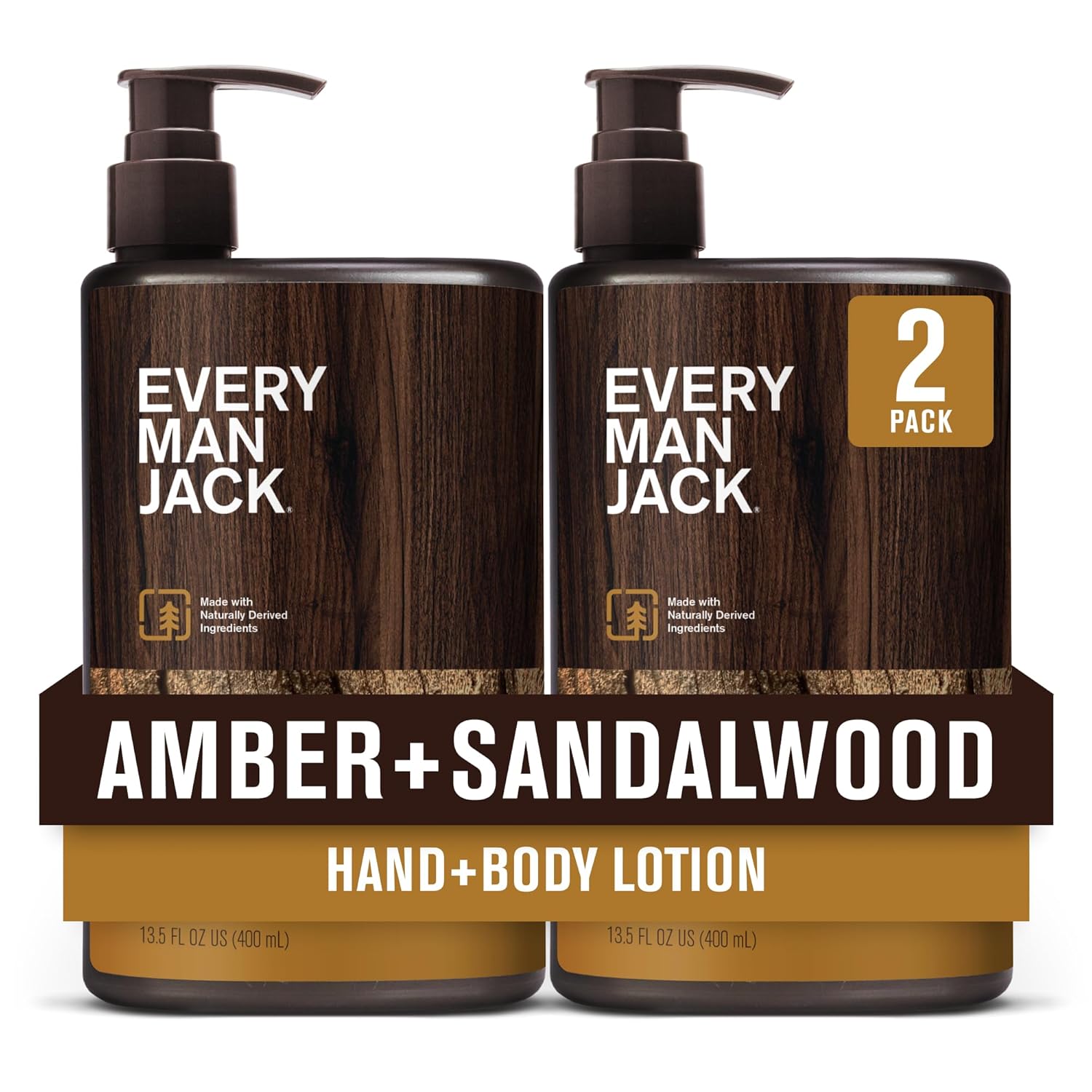 Every Man Jack Mens Amber + Sandalwood Hand & Body Lotion for All Skin Types - Dermatologist Tested & Hypoallergenic - Nourish Skin with Lightweight Fast Absorbing Lotion - 13.5oz 2 Bottles