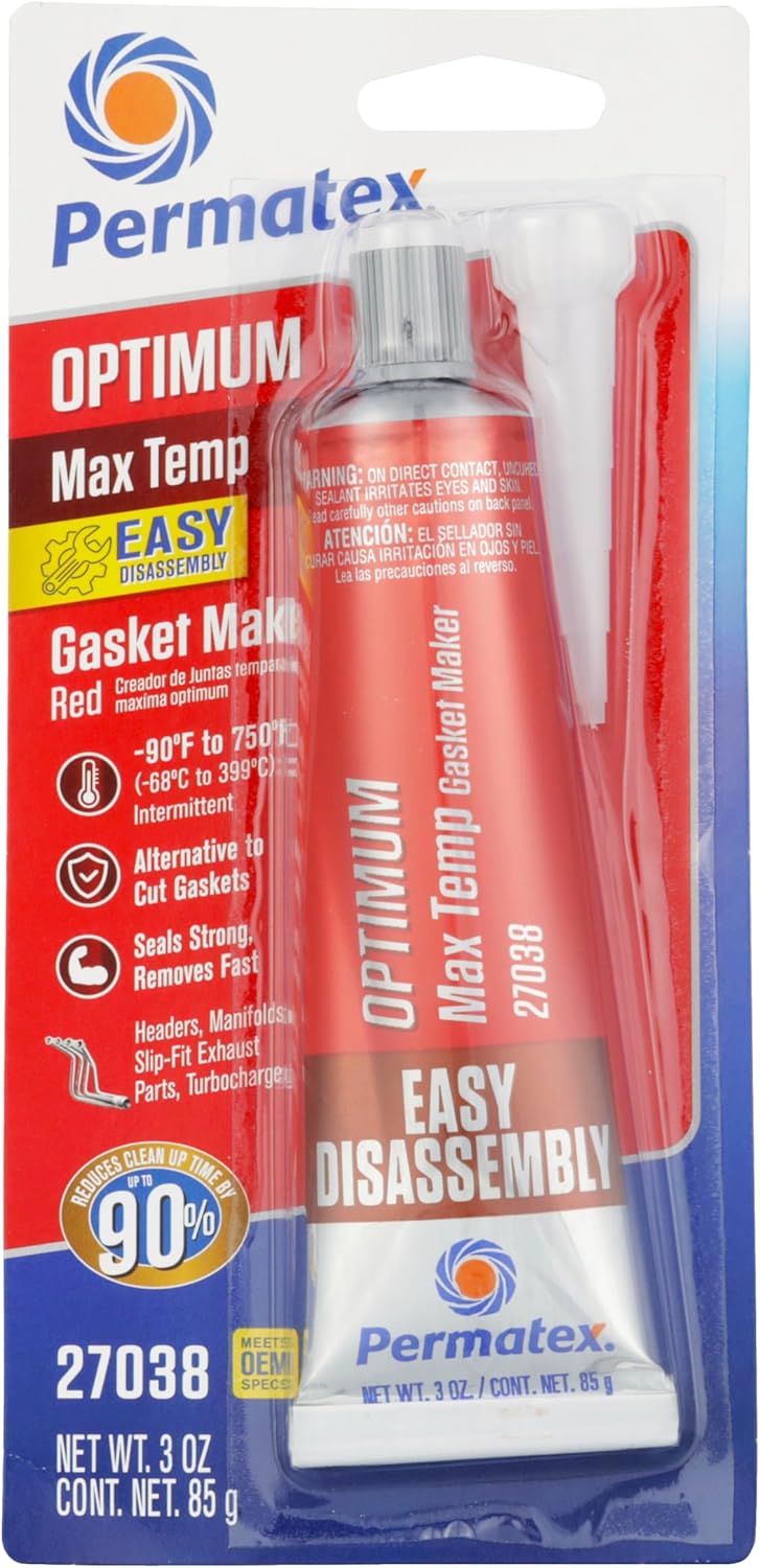 Permatex 27038 Optimum Red RTV Silicone Gasket Maker: Suitable for Exhaust Manifold,Header,Turbochargers & Slip Fit Exhaust Parts,Temperature Resistant(up to 399°C),Sensor Safe,Non-Corrosive 3.35oz