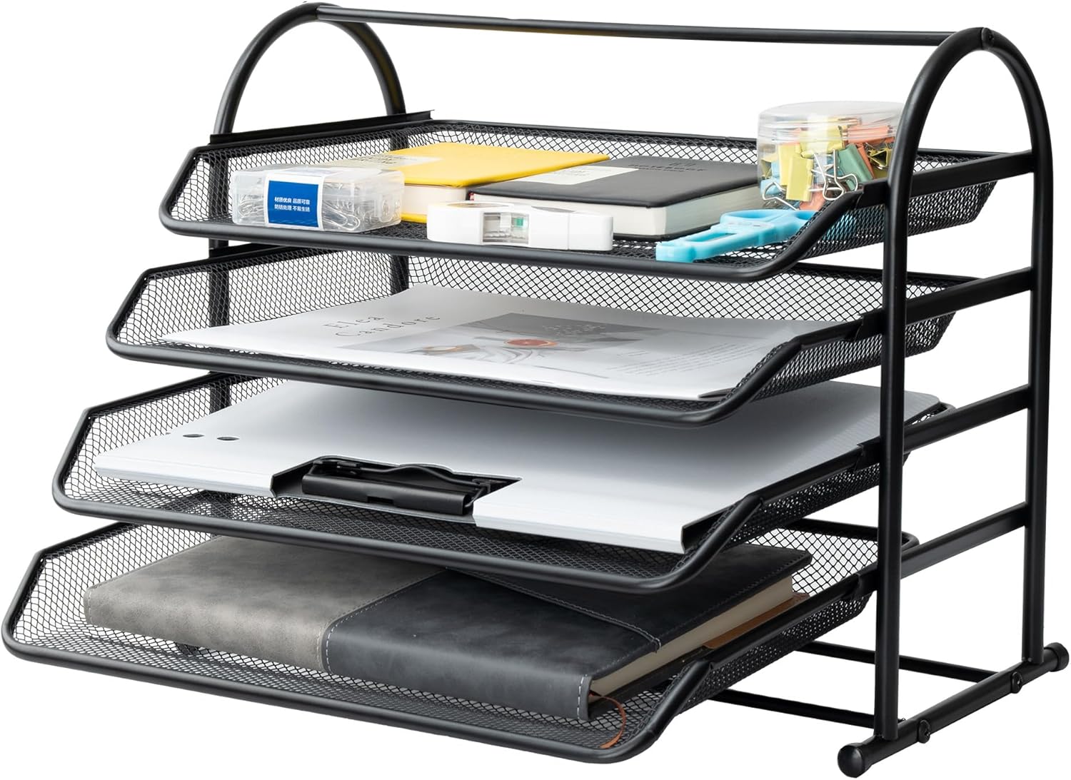 4 Tier Mesh Letter Tray,Office Desk Paper Organizer with Sliding Trays for Desk Accessories, Office Supplies and File Storage, Black