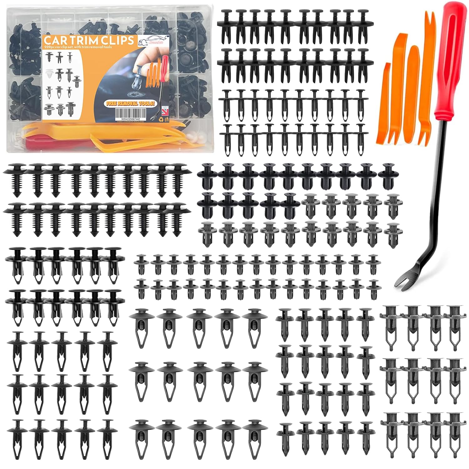Xtremeauto Car Clips Set 229pc With Tools - Car Trim Clips Box, Assorted Plastic Clip Fasteners, Body Fasteners With 5 Removal Tools, Expansion Bumper Clips, Car Body Clips Interior Fittings