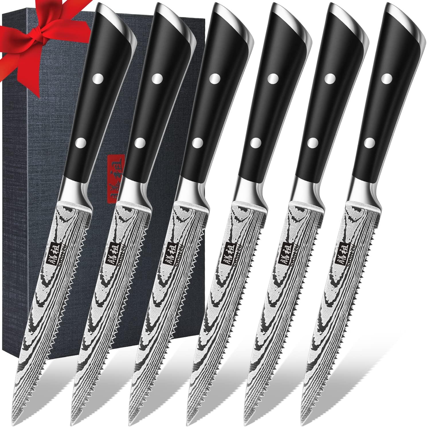 SHAN ZU Steak Knife Set, 6-Piece Steak Knives, Kitchen Steak Knife 5 Inch, High Carbon Stainless Steel Serrated Steak Knives of 6 with Premium Gift Box