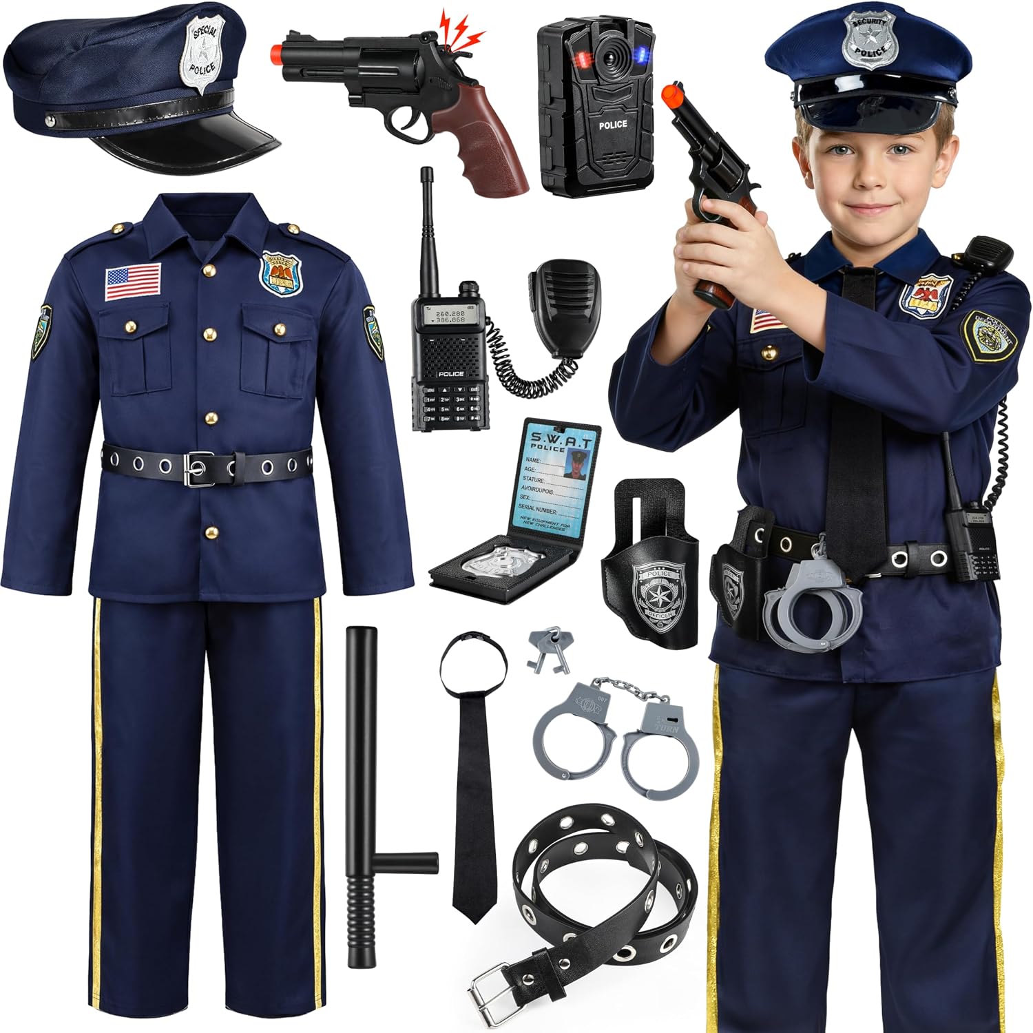 Joycover Police Officer Costume for Kids Boys, Cop Halloween Costumes Set M