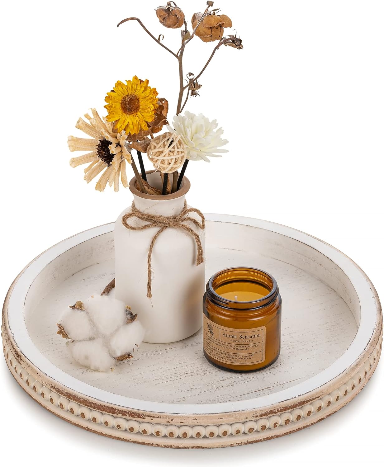 Hanobe Wood Decorative Tray Round: White Beaded Coffee Table Tray Rustic Circle Wooden Centerpiece Trays Home Decor Farmhouse Kitchen Counter Vintage Bathroom Organizer