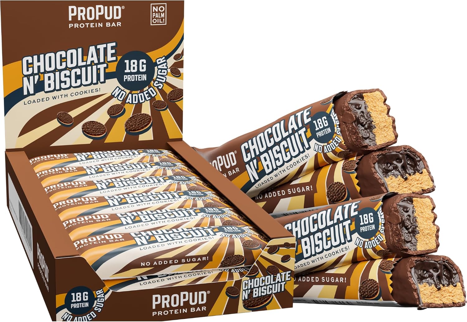ProPud Chocolate N’ Biscuit High Protein Bar 18g Protein (12x55g), Crunchy Chocolate N’ Biscuit Loaded With Real Biscuit Pieces, No Added Sugar, Perfect Pre and Post Workout Nutrition