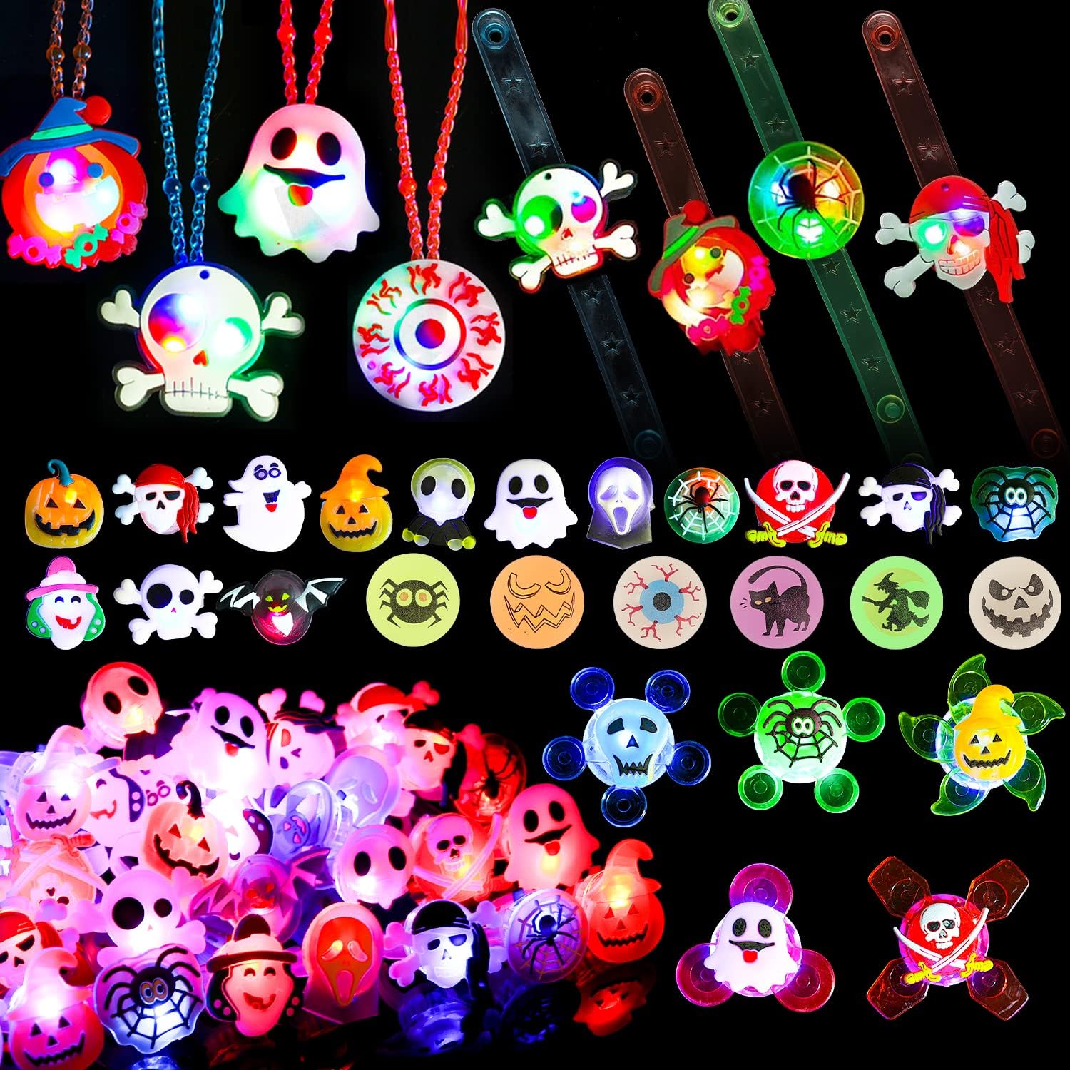 Halloween Party Favors for Kids - 57 PCS Halloween Decorations LED Flash Rings Light Up Necklaces Halloween Toys, Glow in the Dark Halloween Party Supplies, Halloween Gifts/Halloween Treats for Kids