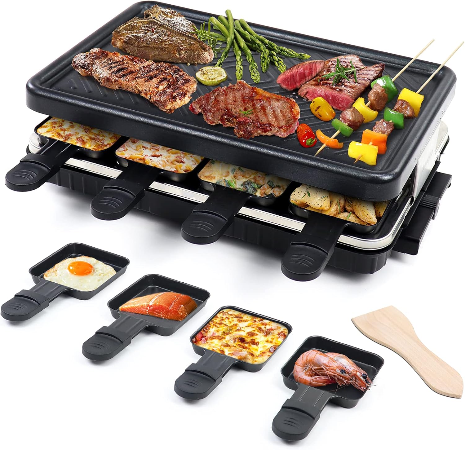 Fajiabao Electric Korean BBQ Indoor Grill Table Smokeless Portable Griddle Raclette Grill Nonstick with 8 Cheese Maker Pans Temperature Control & Dishwasher Safe 1300W Ideal for Parties and Family Fun