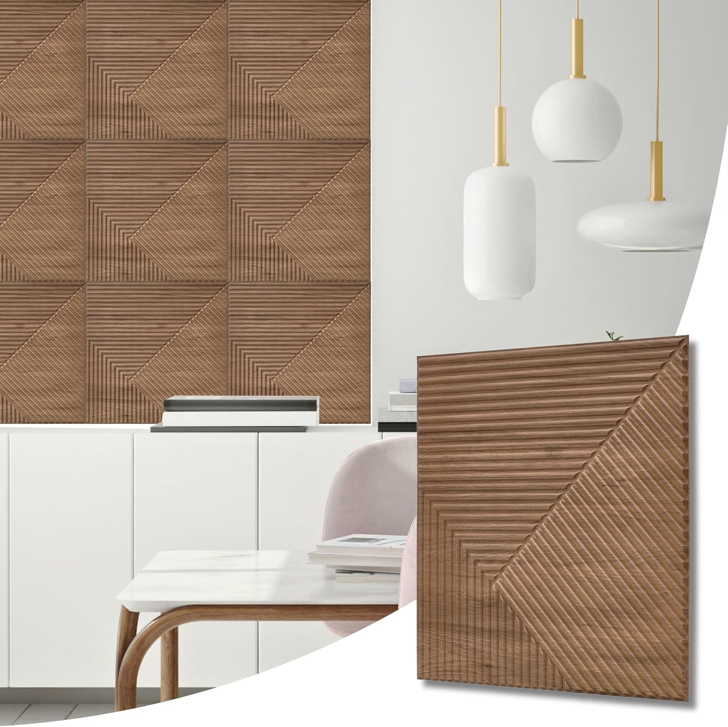 NOVECRAFTO Chevron Line Decorative 3D Wall Panels - 6 Sheets Covering 1.5 sqm | 16.15 sqf Interior Cladding Panels Set | 3D Wall Tiles Chevron Line Design in Matte Wooden - Panel Size 19.6" x 19.6"