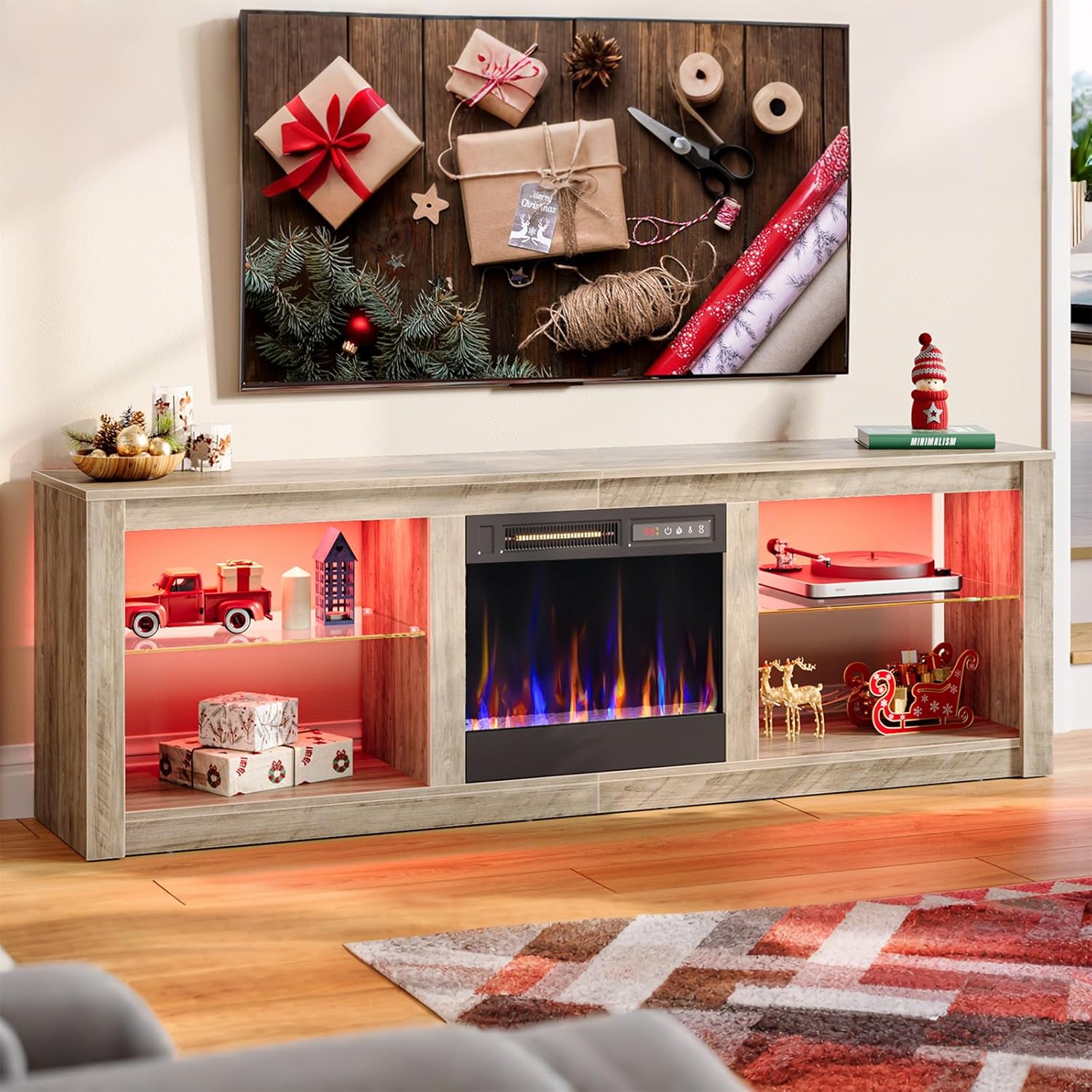 Bestier 63 Inch Modern Fireplace TV Stand for TVs up to 70", LED Entertainment Center with 18" Electric Fireplace Media Console for Living Room with Glass Shelves, Grey