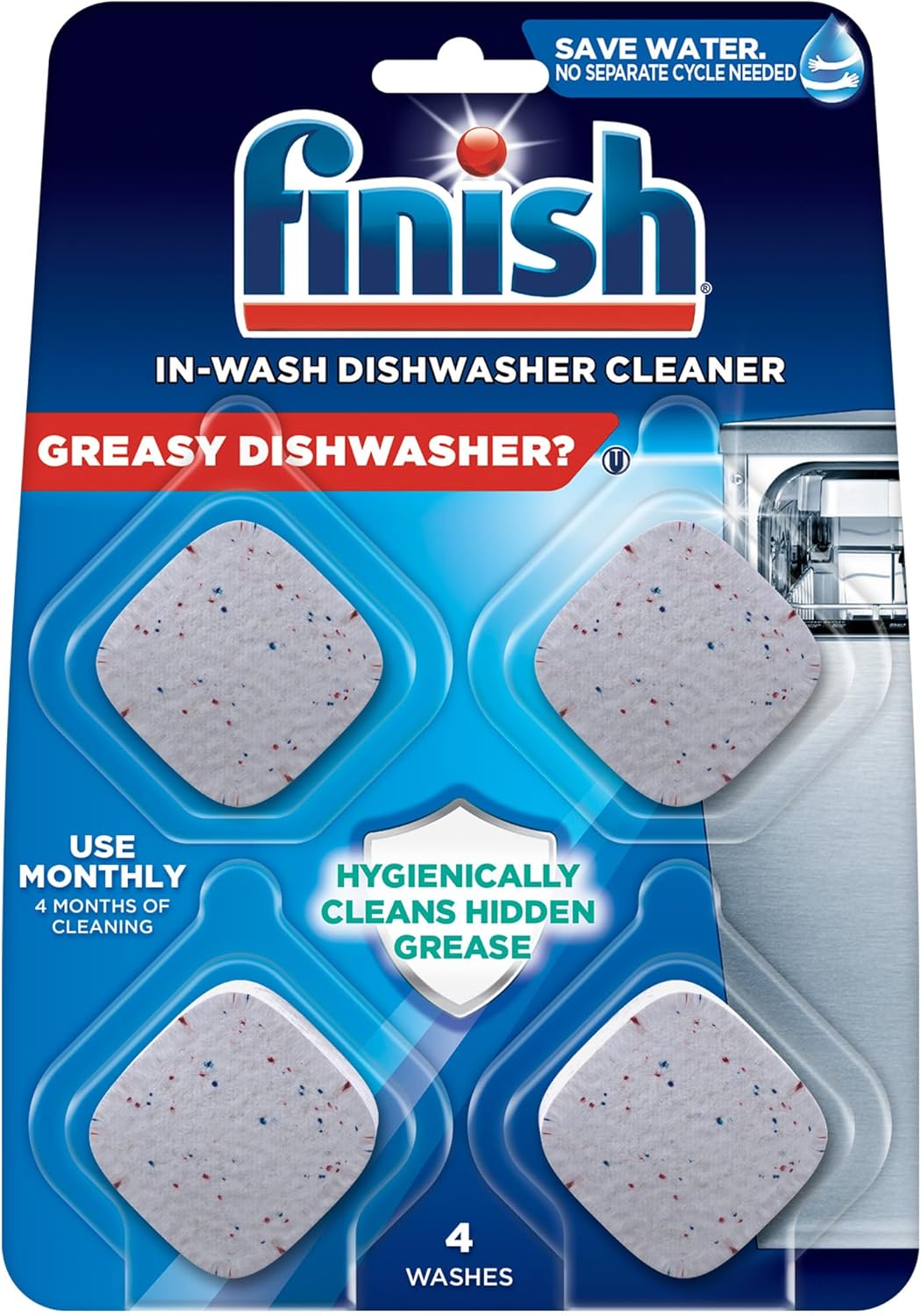 Finish Dishwasher Cleaner Tablets, 4 count, Hygienically Cleans Hidden Grease, Use in Normal Cycle, 4 Month Supply
