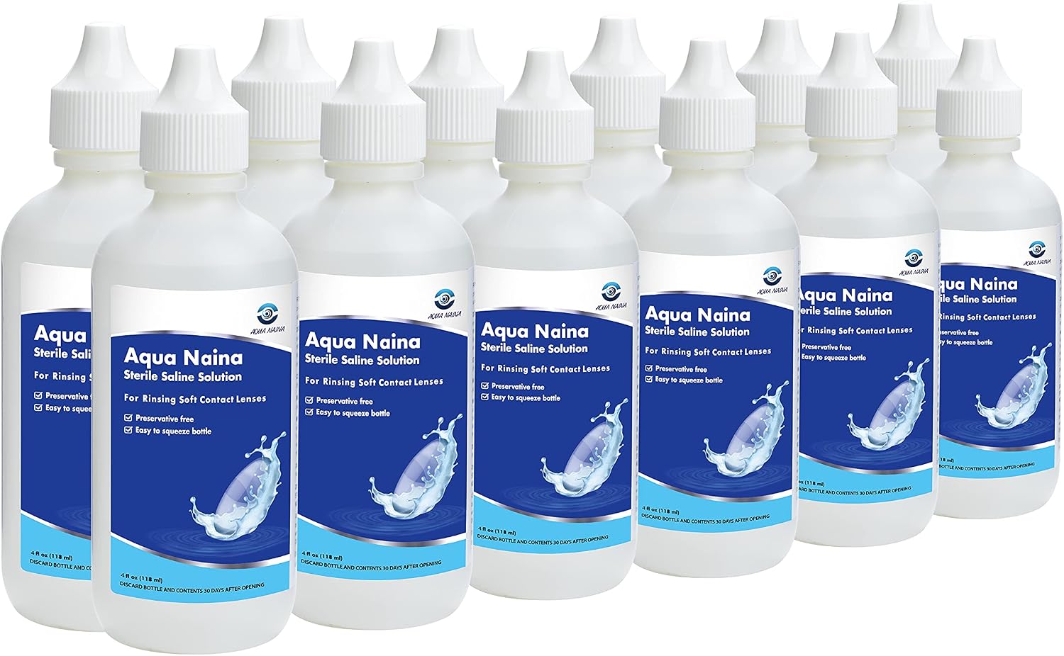 Oculus Curae Aqua Naina Saline Solution – Preservative-Free Sterile Rinse for Soft, Hard & Gas Permeable Contact Lenses – Unisol 4 Alternative – Travel-Friendly –12 x 4 fl Oz Bottles