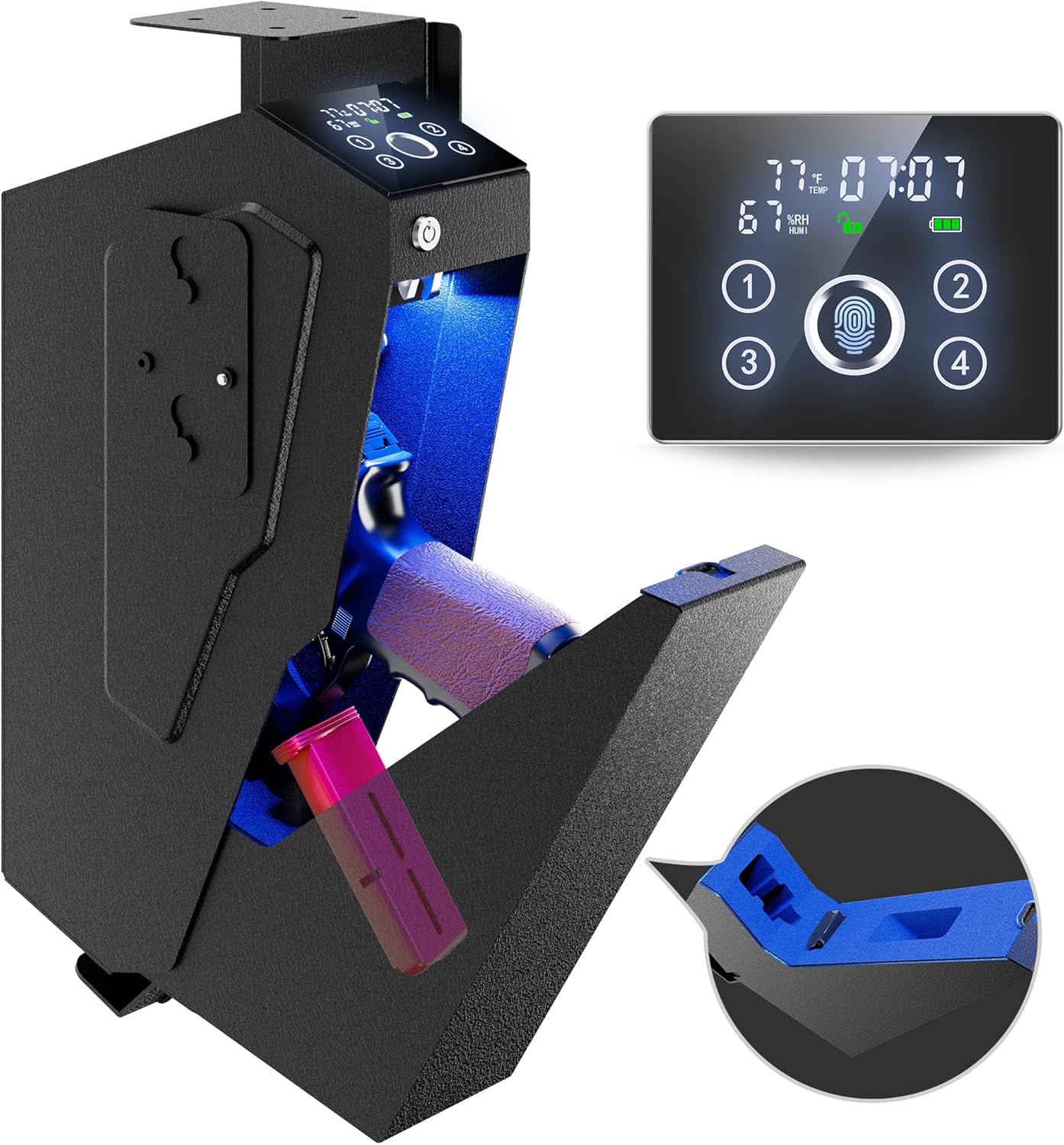Quick Access Biometric Bedside Gun Safe for handgun, 2 in 1 Mounted Drop Down Nightstand Pistol Safe with Fingerprint & Passcode & Key 3 Ways