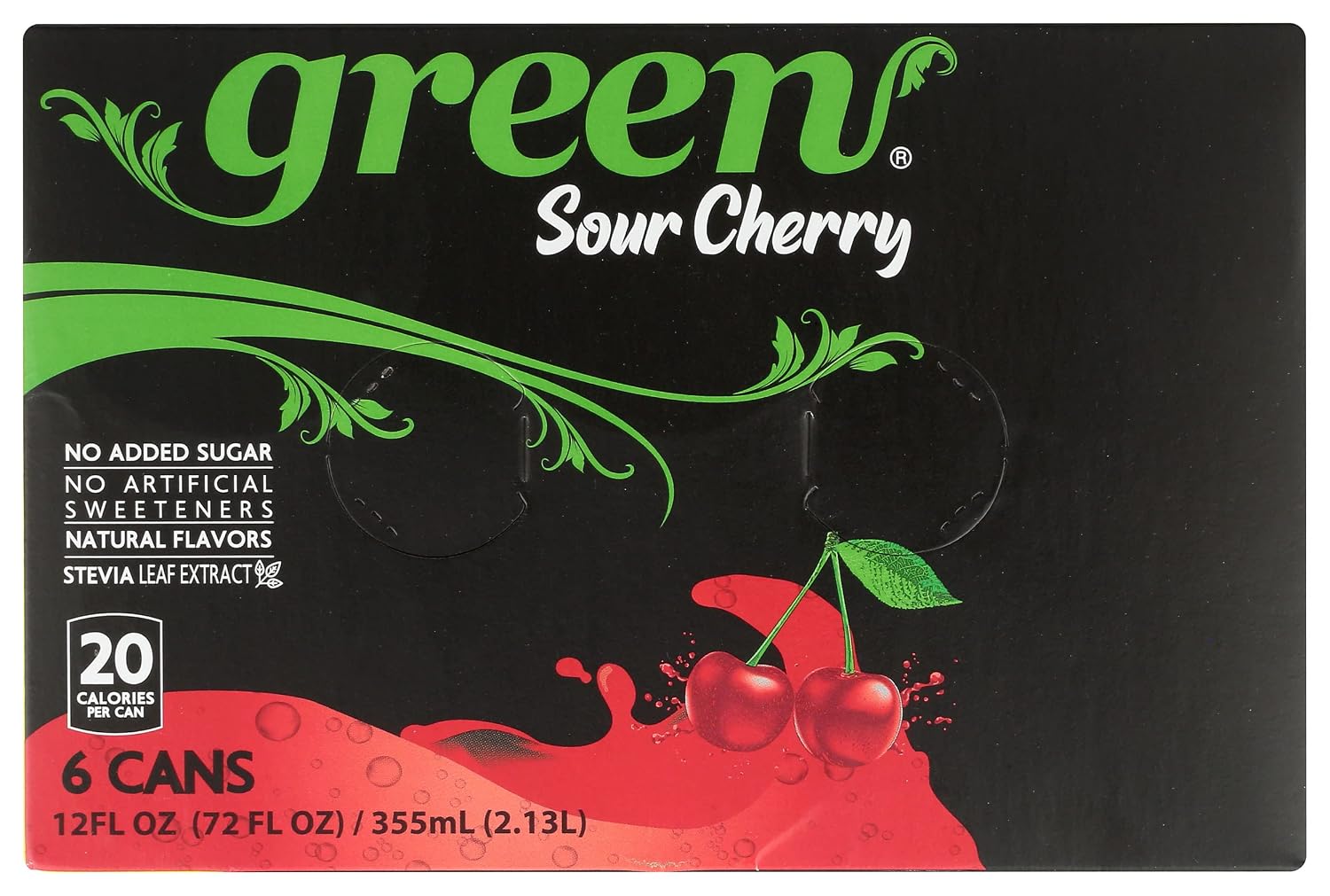 Green Soda Sparkling Sour Cherry with Real Fruit Juice, Naturally Sweetened, No Artificial Sweeteners, Natural Flavors, 66.9 Fluid Ounce (Pack of 4)