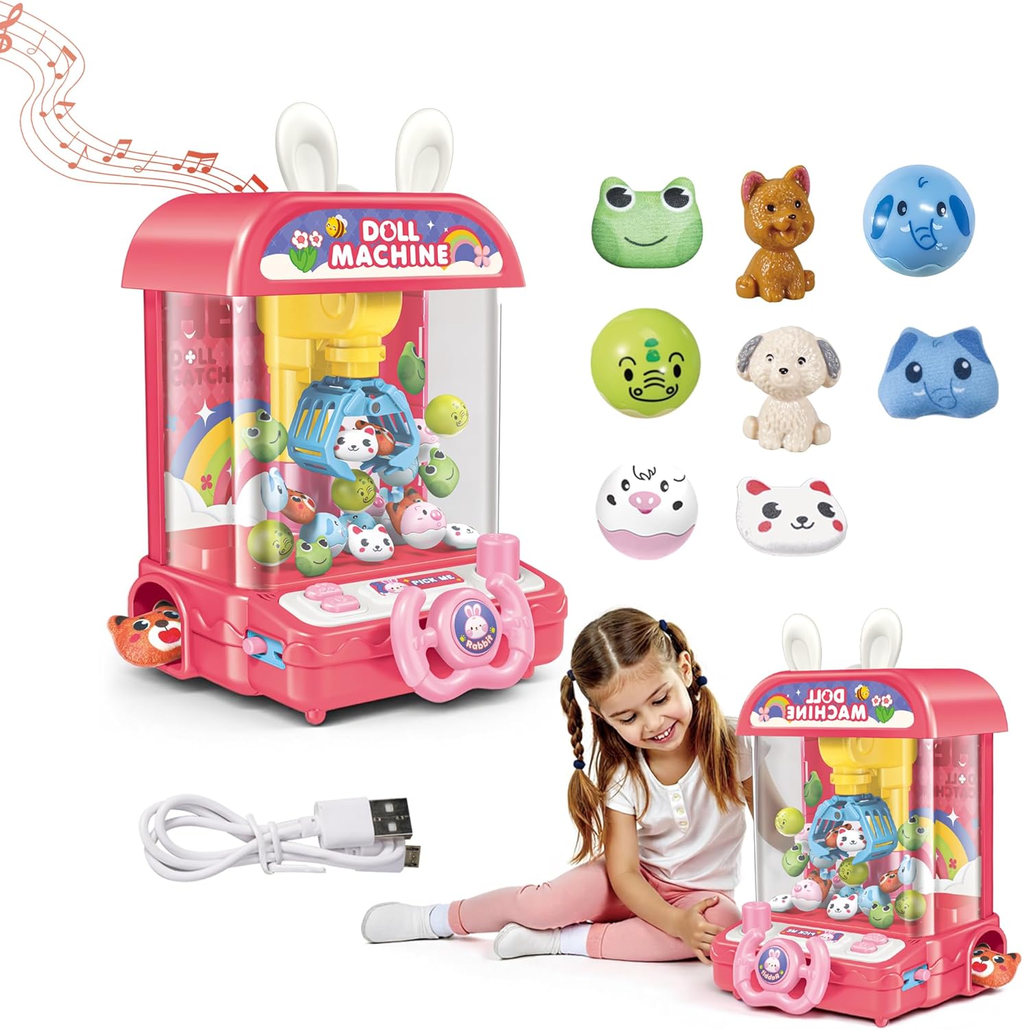 Mini Claw Machine with Music,Candy Doll Vending Grabber,Accessories Include Rag Dolls&Animal Figurines&Balls,Glowing Arcade Game,Prize Dispenser Toy for 3,4,5+Years Old Kids,Birthday Gift for Girl Boy