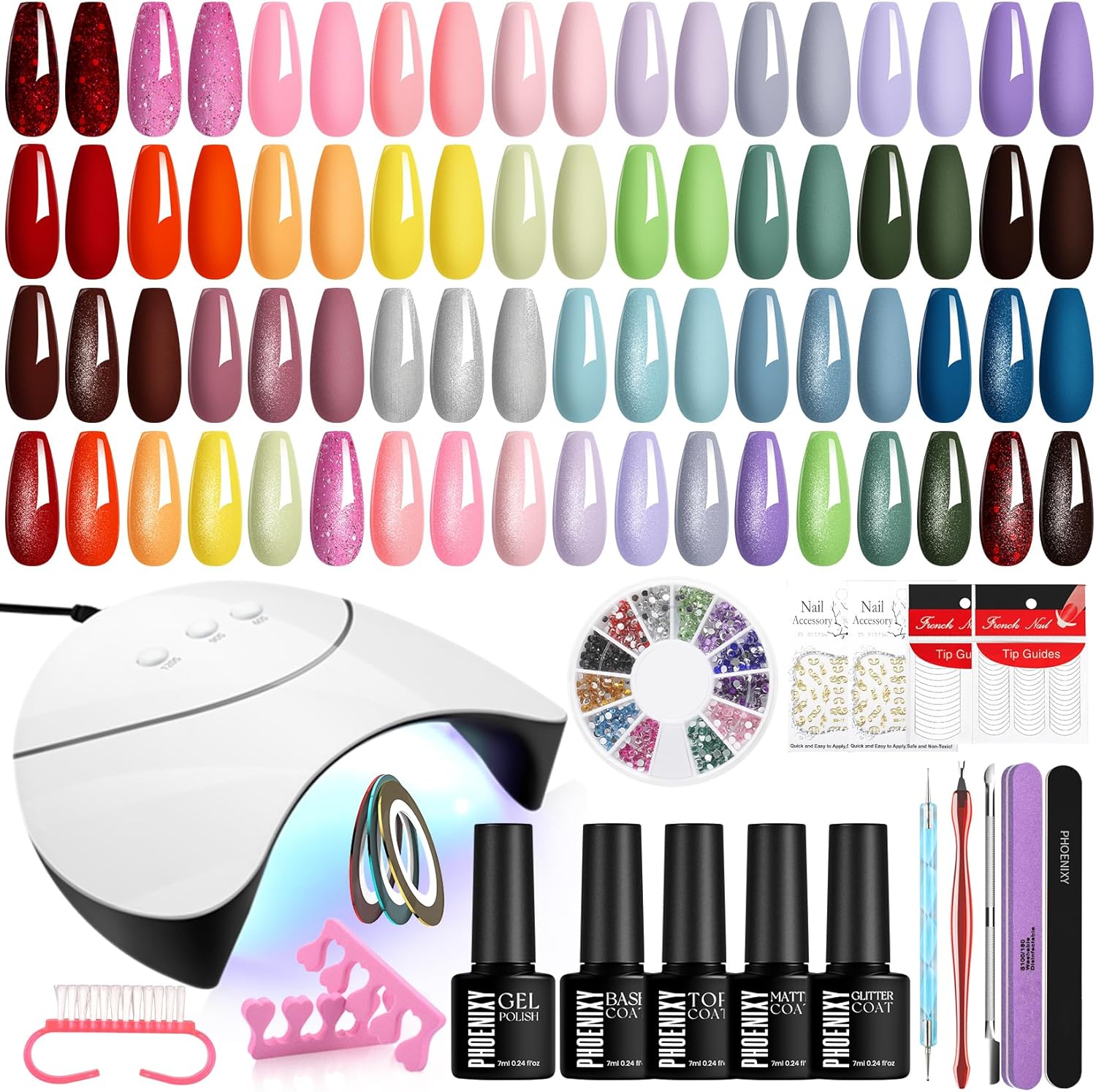 Phoenixy Gel Nail Polish Set, 72 Effects Gel Nail Kit with 36W U V Nail Lamp Glossy Matte Glitter Top Coat, Pink Yellow Red Nail Polish Set Gift for Women