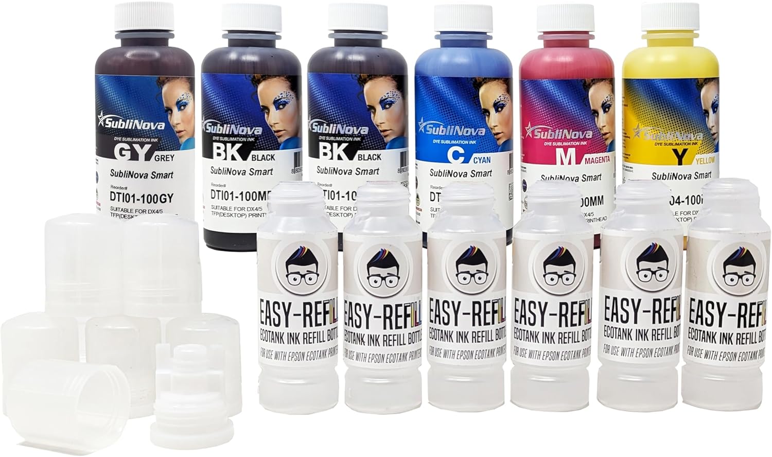 Easy Refill Inktec Sublinova Dye Sublimation Ink Set Compatible with Epson Ecotank ET-8550 (Easy Refill Set (C,M,Y,BK,GY,BK), 100ml)