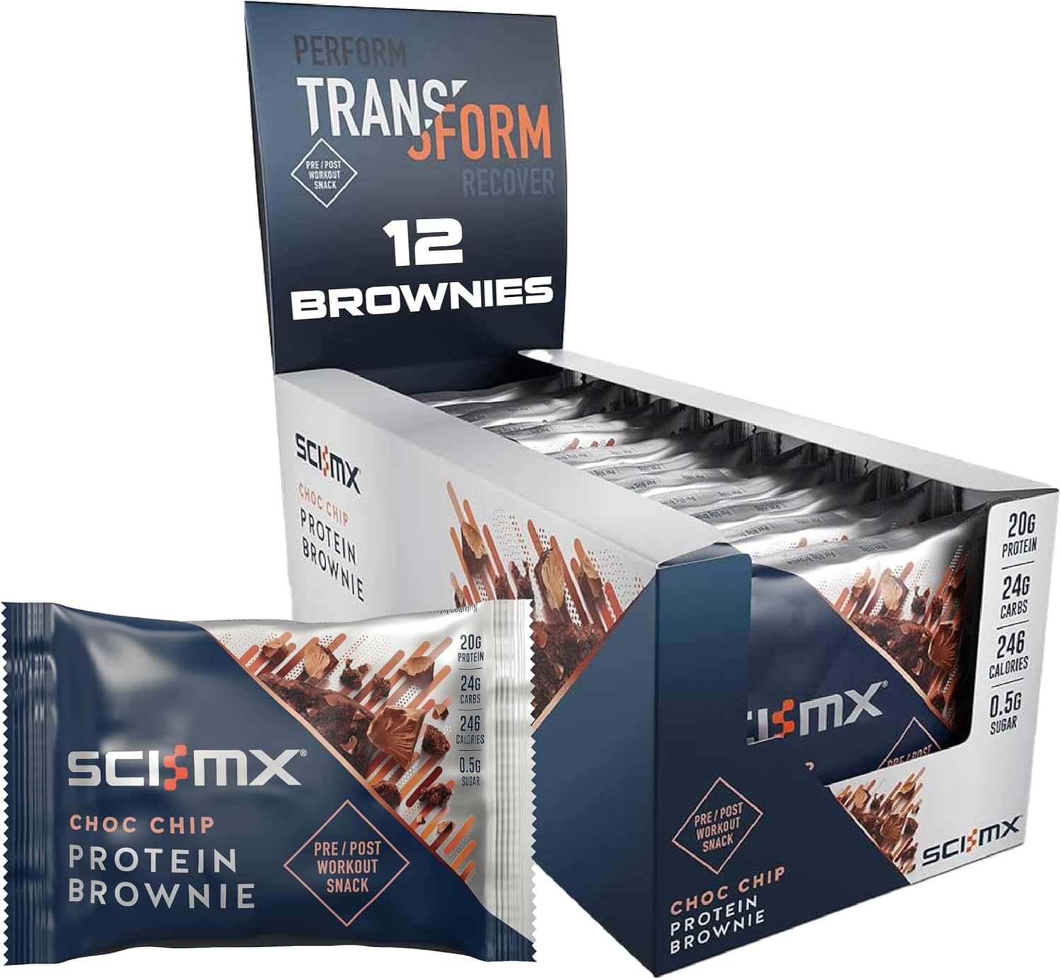 SCI-MX High Protein Chocolate Chip Brownie Box - 20g protein, 0.5g sugar + 246 calories per brownie - Pack of 12 x 65 g - Low Sugar - Pre / Post Workout Snack - No Palm Oil - Suitable for Vegetarians