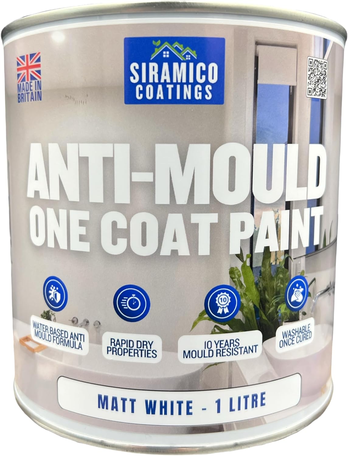 SIRAMICO COATINGS Anti-Mould Paint | 1 Litre | Superior 10 Year Anti Mould Resistant Paint for Bathrooms, Kitchens, Walls and Ceilings - Easy Brush & Roller Application