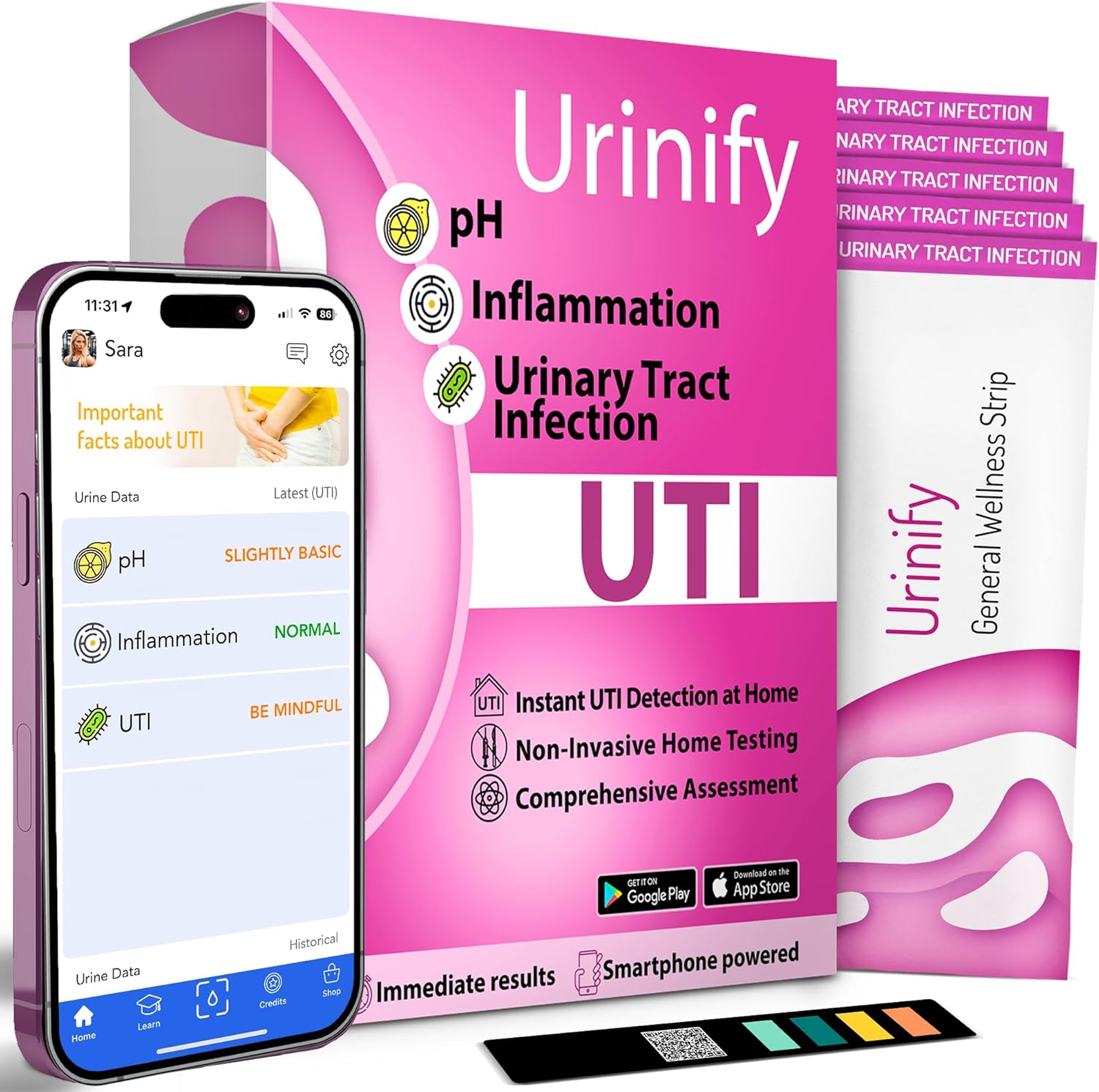[URINIFY UTI] Mobile App at Home Urinary Tract Infection (UTI) Test Strips, Urine Test Strips, Urinary pH Test Strips, urinalysis Test, Leukocytes, Nitrite, and pH (5 Counts (Pack of 1))