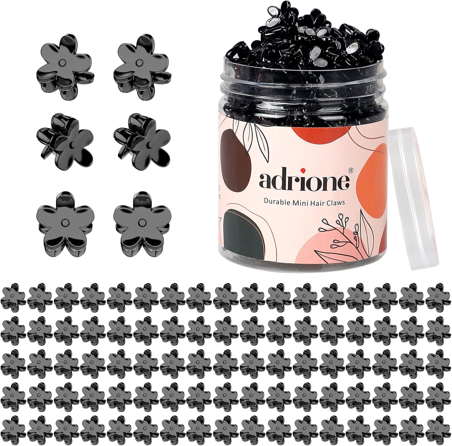 ADRIONE Mini Black Flower Hair Claw Clips - 100 Bulk Pack Small Tiny Floral Jaw Clip for Women, Girls, Kids, Baby & Toddlers - Little Micro Plastic Hair Clip for Bangs, Thick, Thin, Fine, Short Hair