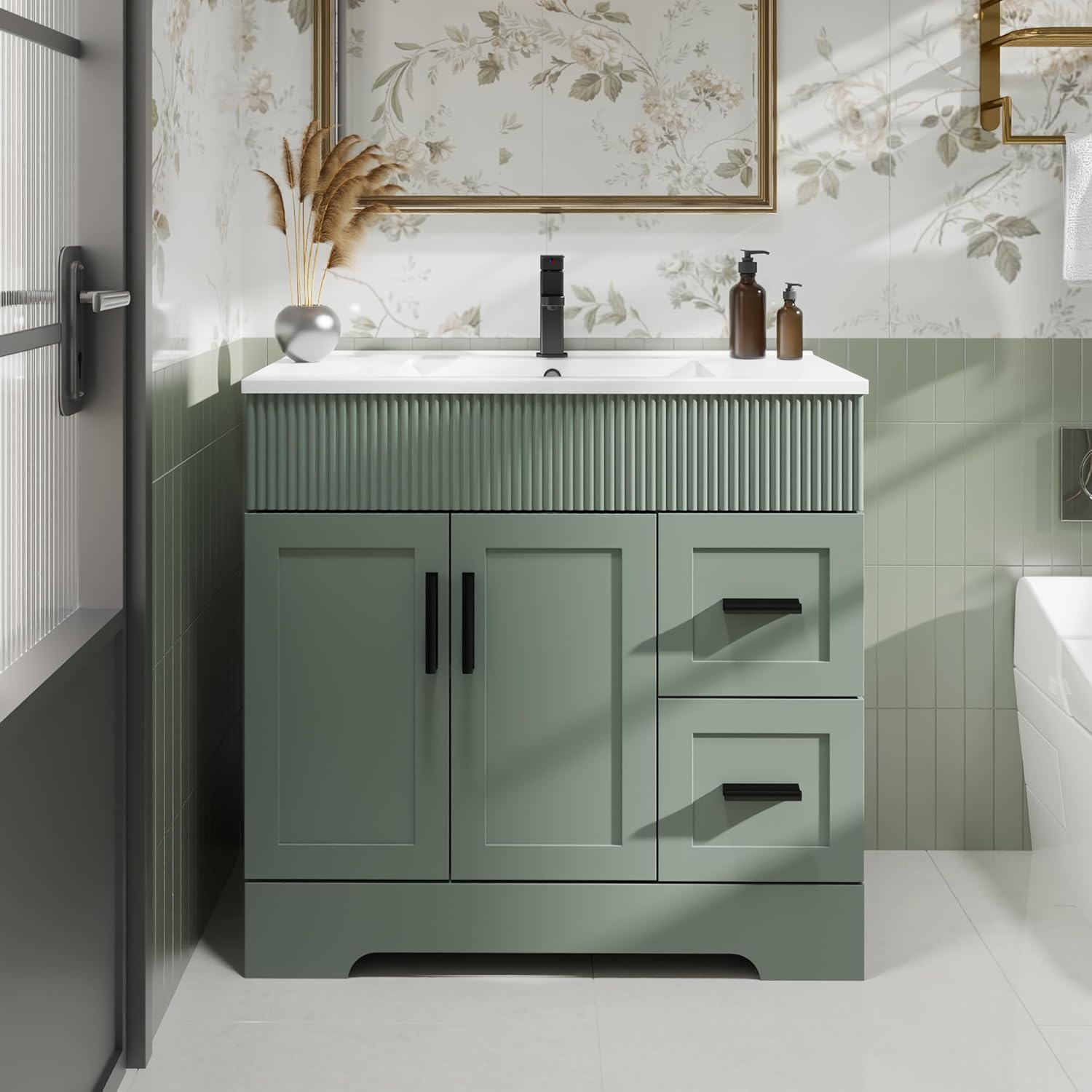 eclife 36" Bathroom Vanities Sink Combo with Painted Surface, Modern Drawered Cabinet W/Decorative Wave Lines, Undermount Single White Sink, Matte Black Faucet Drain, Gray Green