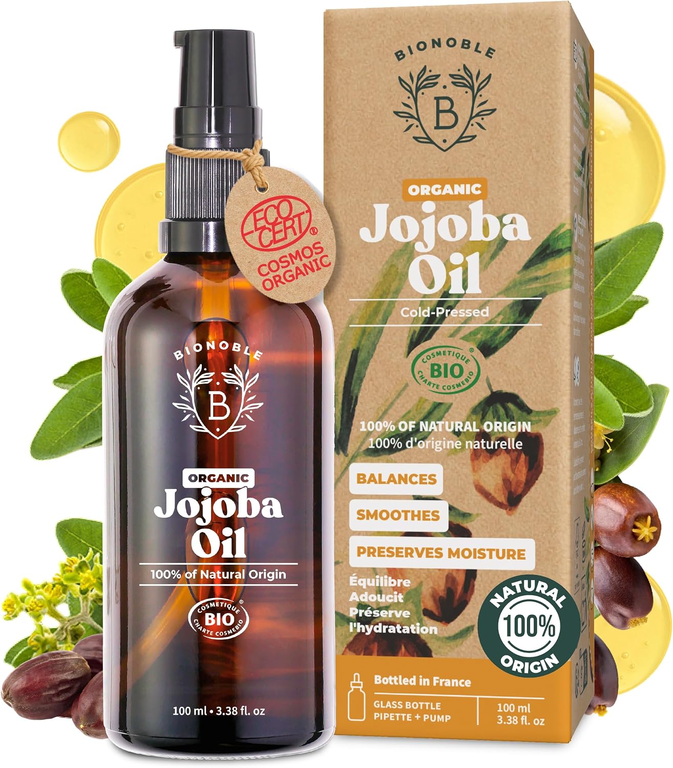 BIONOBLE Organic Jojoba Oil for Skin, Hair, Nails, Face - 100% Pure - 100ml