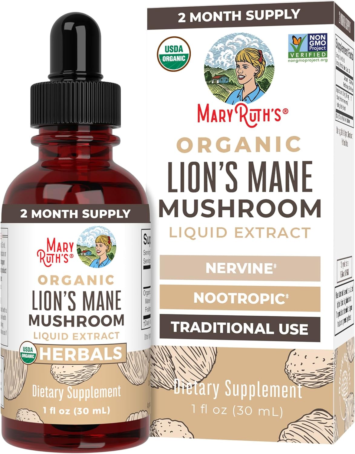 MaryRuth Organics Lions Mane Mushroom Supplement, Upto 2 Month Supply, Nootropic USDA Organic Lions Mane Extract Nervine Herbal Liquid Drops, Brain Health Non-GMO Vegan Alcohol Free Tincture, 1 Fl Oz