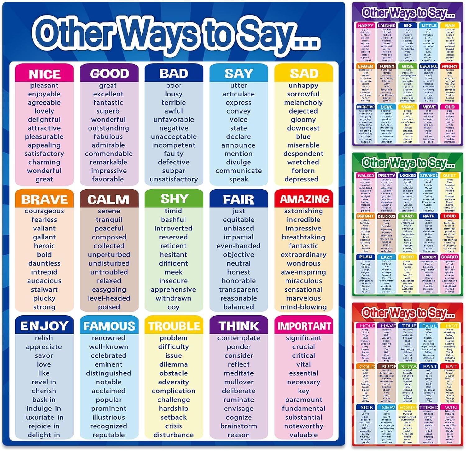 4 Pcs English Educational Posters 60 Groups Grammar Learning Charts Other Way to Say Poster Classroom Synonyms Bulletin Board Parts of Speech Wall Decor Elementary Middle School Teacher Class Supplies