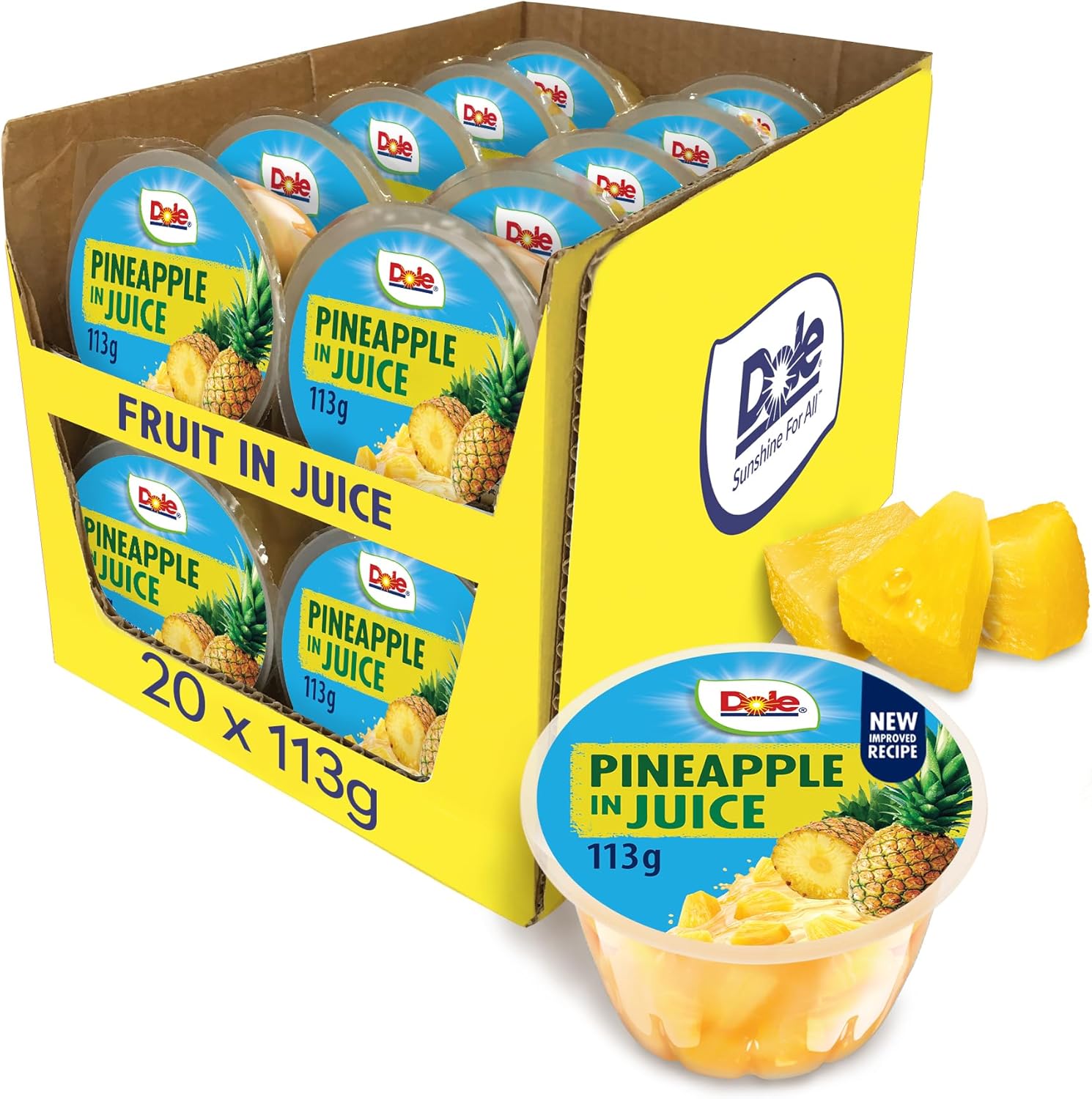 Dole Pineapple in Juice Fruit Pots 20 x 113g, Fresh Fruit Chunks, Healthy Snack, No Added Sugar Fruit Bowls, Perfect for Breakfast & Dessert or Adding to Recipes, Made with Real Pineapple