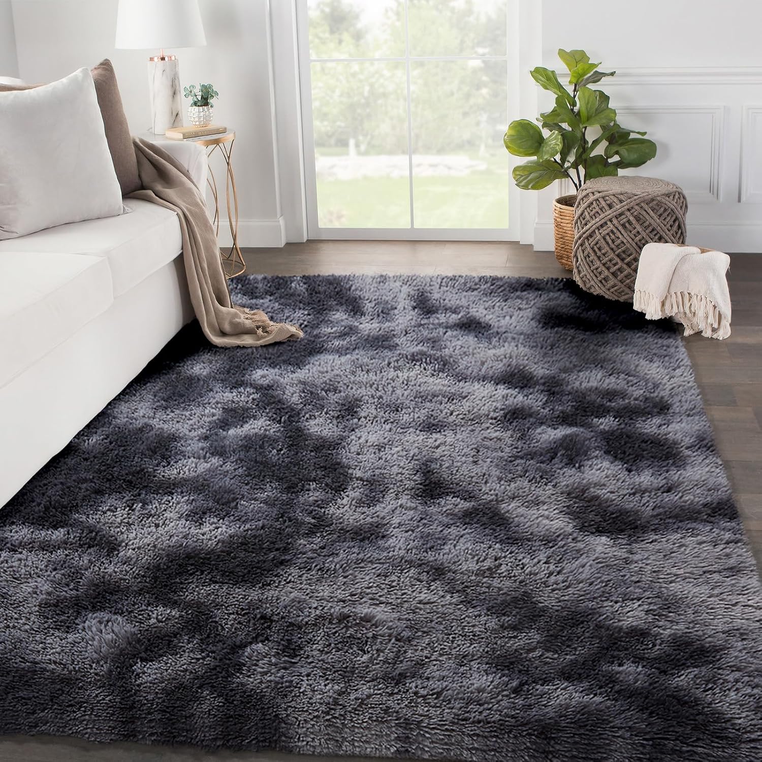 SOANNY Living Room Area Rug, 150x240 cm Large Tie-Dyed Shag Carpet for Bedroom, Dorm, Kids Room, Lounge, Washable Non-Slip Rug for Home Decor, Dark Grey