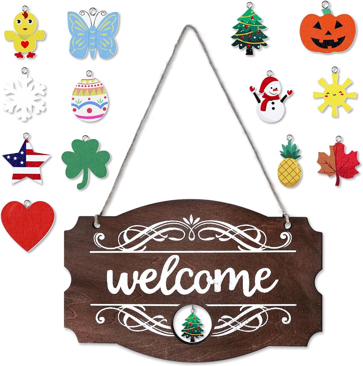 Jetec Interchangeable Winter Holiday Welcome Themed Sign Front Door Decor, Rustic Wood Wall Hanging Outdoor, Farmhouse, Porch for All Seasons(Brown with White Letters)