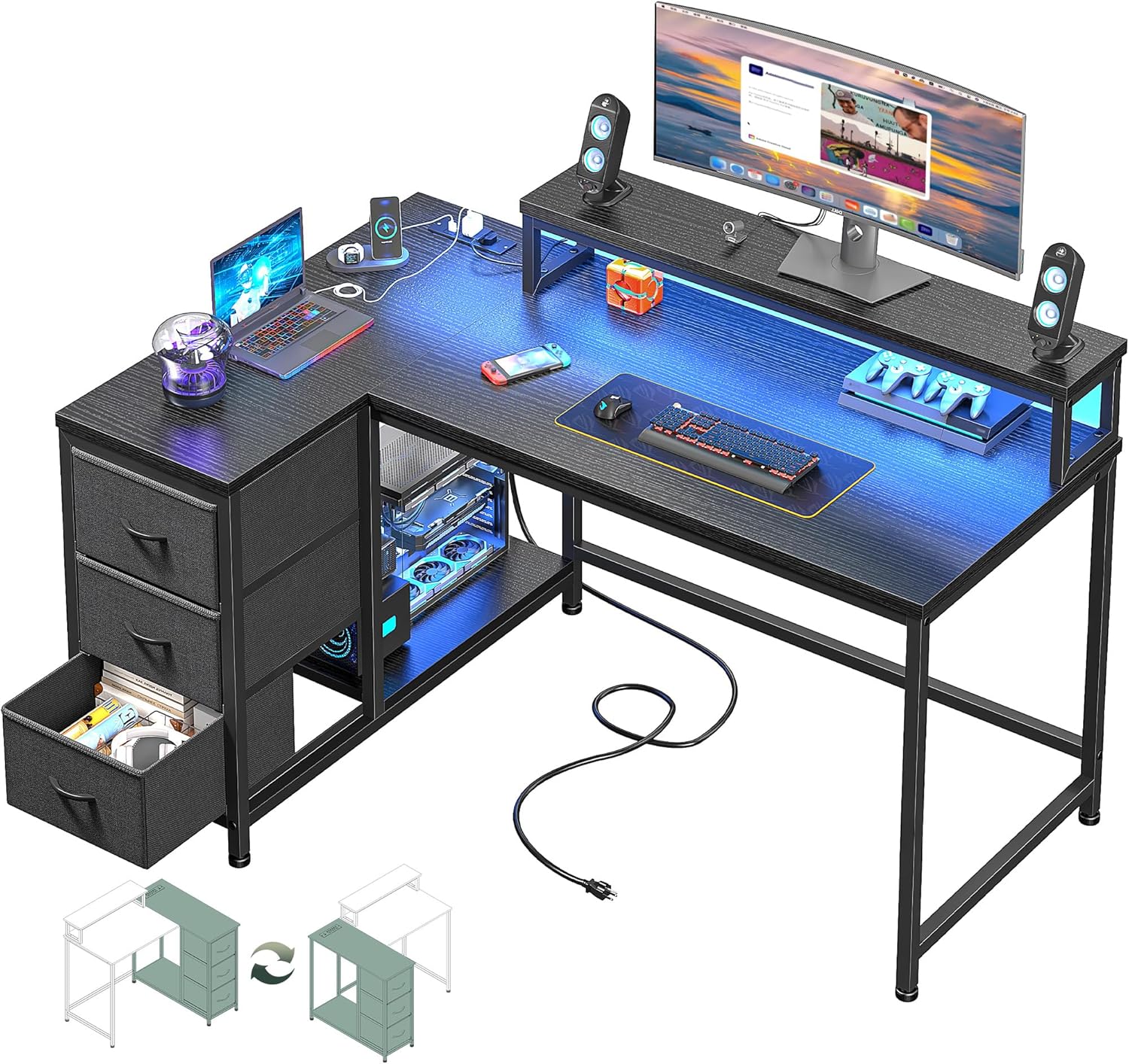 EnHomee L-Shaped Gaming Desk with RGB LED Lights & Power Outlets,120x80CM Reversible Corner Desk with Drawers,Home Office Desk with Monitor Stand,Gaming Desks Workstations for Small Spaces (Black)