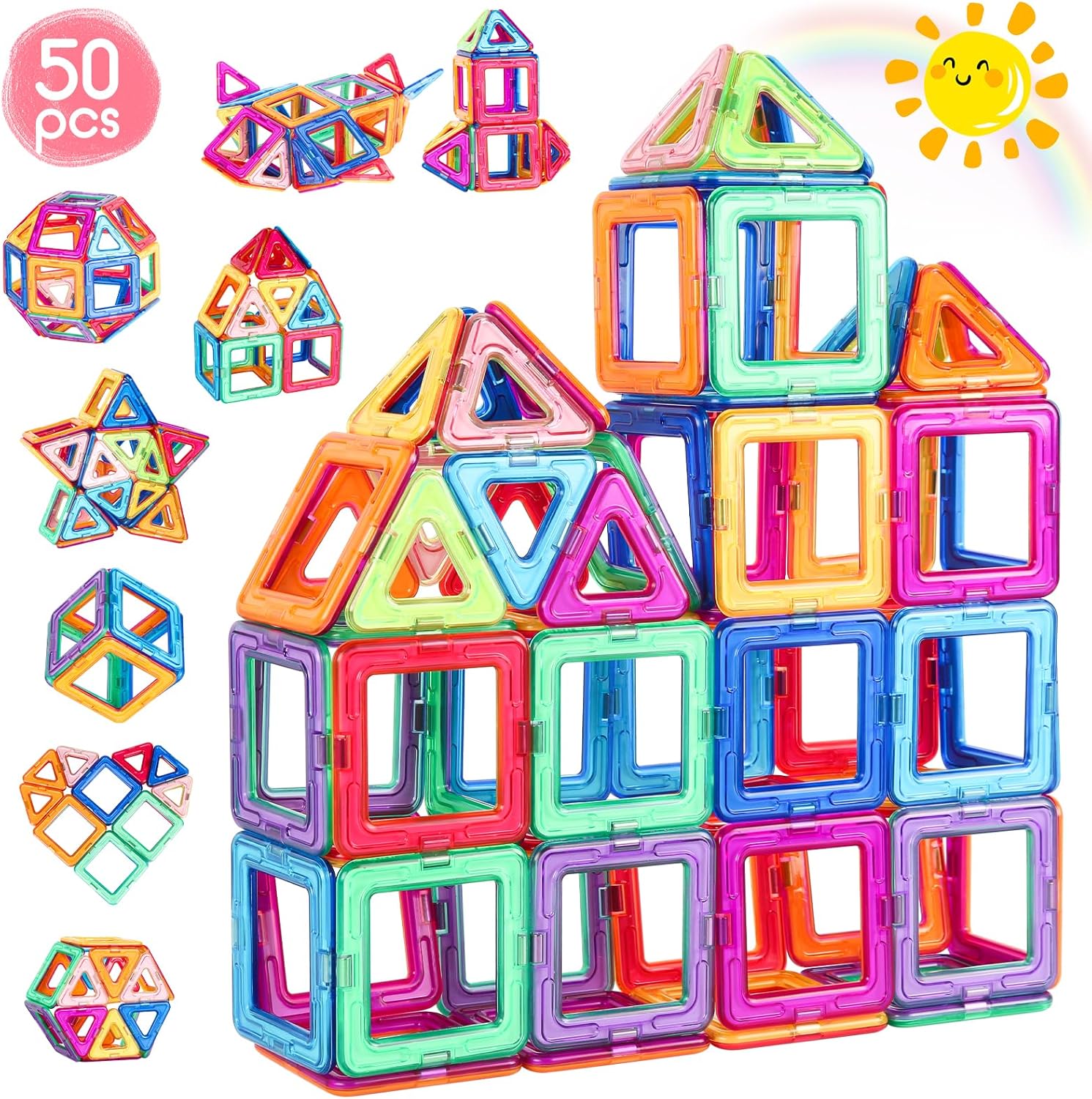 aaczly Magnetic Tiles for Kids 50PCS Magnetic Building Blocks 3D Toys Building Construction STEM Educational Toys for Toddler Boys Girls Age 3 4 5 6 7 8 Years Old