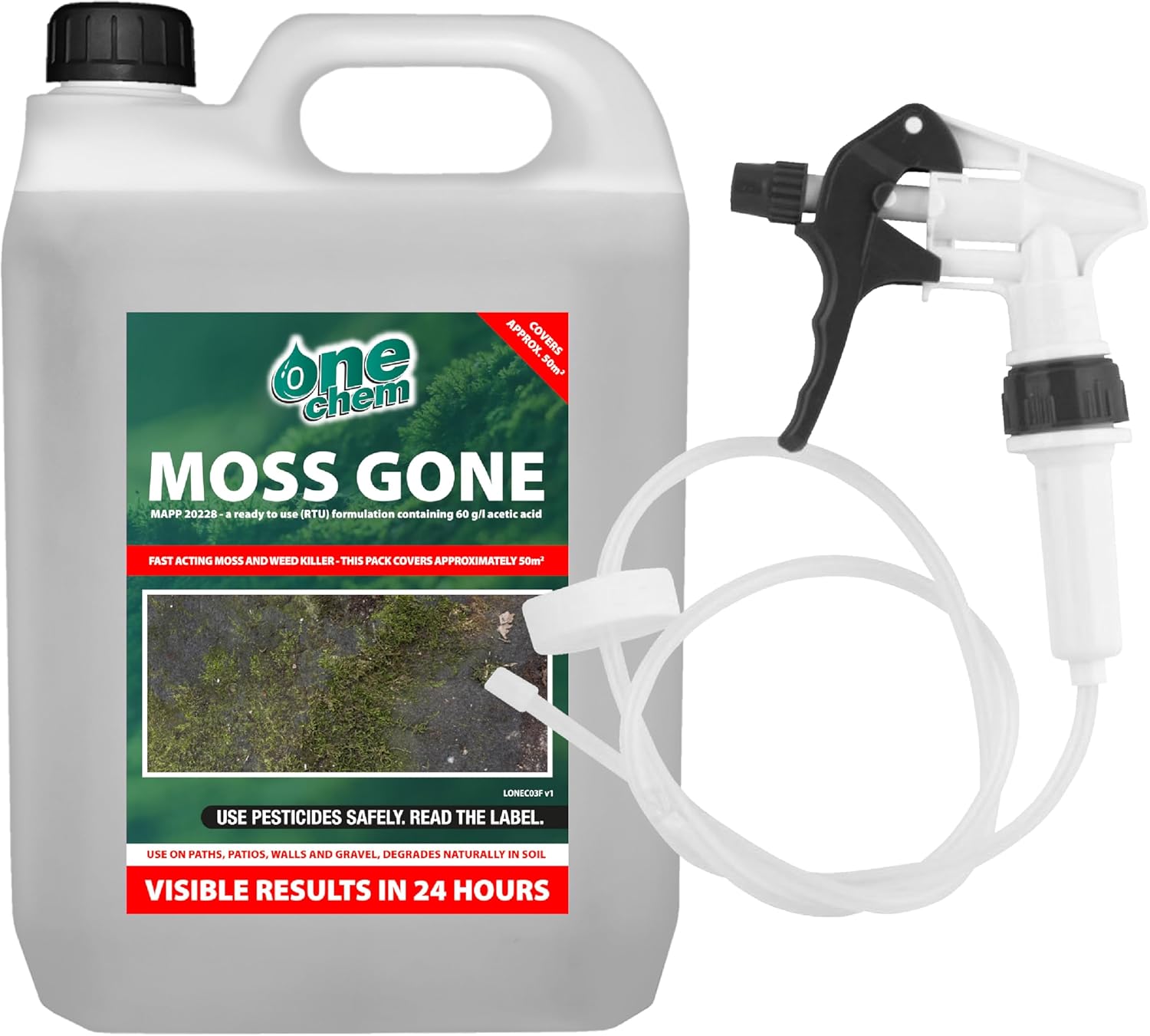 One Chem Moss Gone Moss killer 5 Litre with long hose trigger, Suitable on Paths, patios and hard surfaces