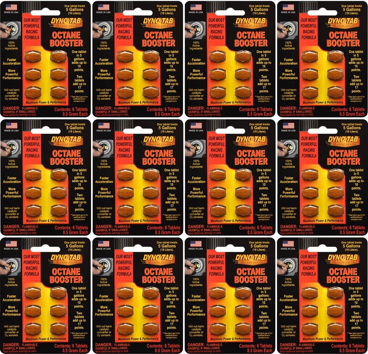 Dyno-tab Octane Booster 6-Tab Card, 12-Pack, Each Pack Adds Up to 17 Points, Lab Tested, Fast-Dissolving, 100% Active Ingredients - NO Solvents, Treats 16 gal/60 Liters, 45456-12pk
