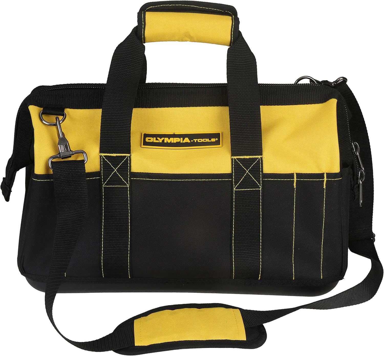 Olympia Tools 16 Inch Wide Mouth Tool Bag, Molded Waterproof Base with 21 Pockets and 7 Belt Loops, Padded Handle, Adjustable Shoulder Strap