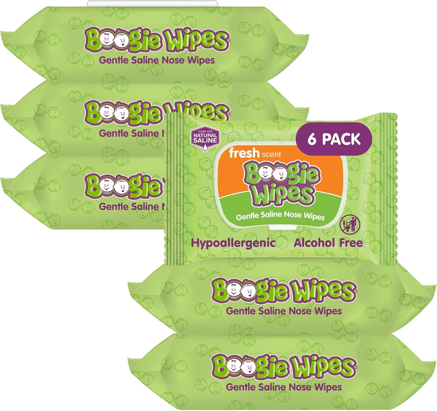 Boogie Wipes Saline Nose Wipes, Fresh Scent, 30-Count (Pack of 6)