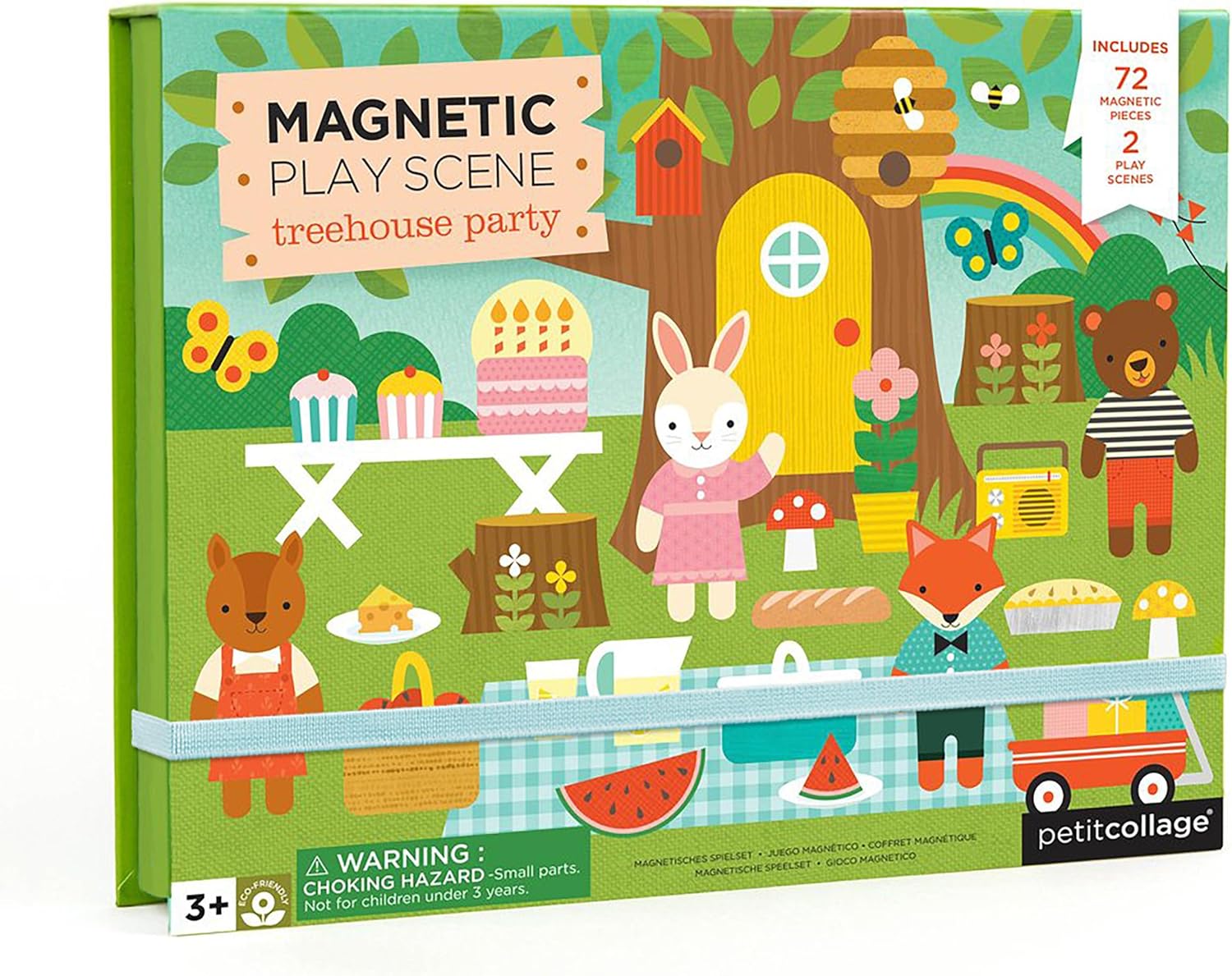 Petit Collage: Animal Friends Magnetic Game Board with Mix & Match, Ideal for Ages 3+, Includes Mag Play Scene Treehouse Party, 74 Count