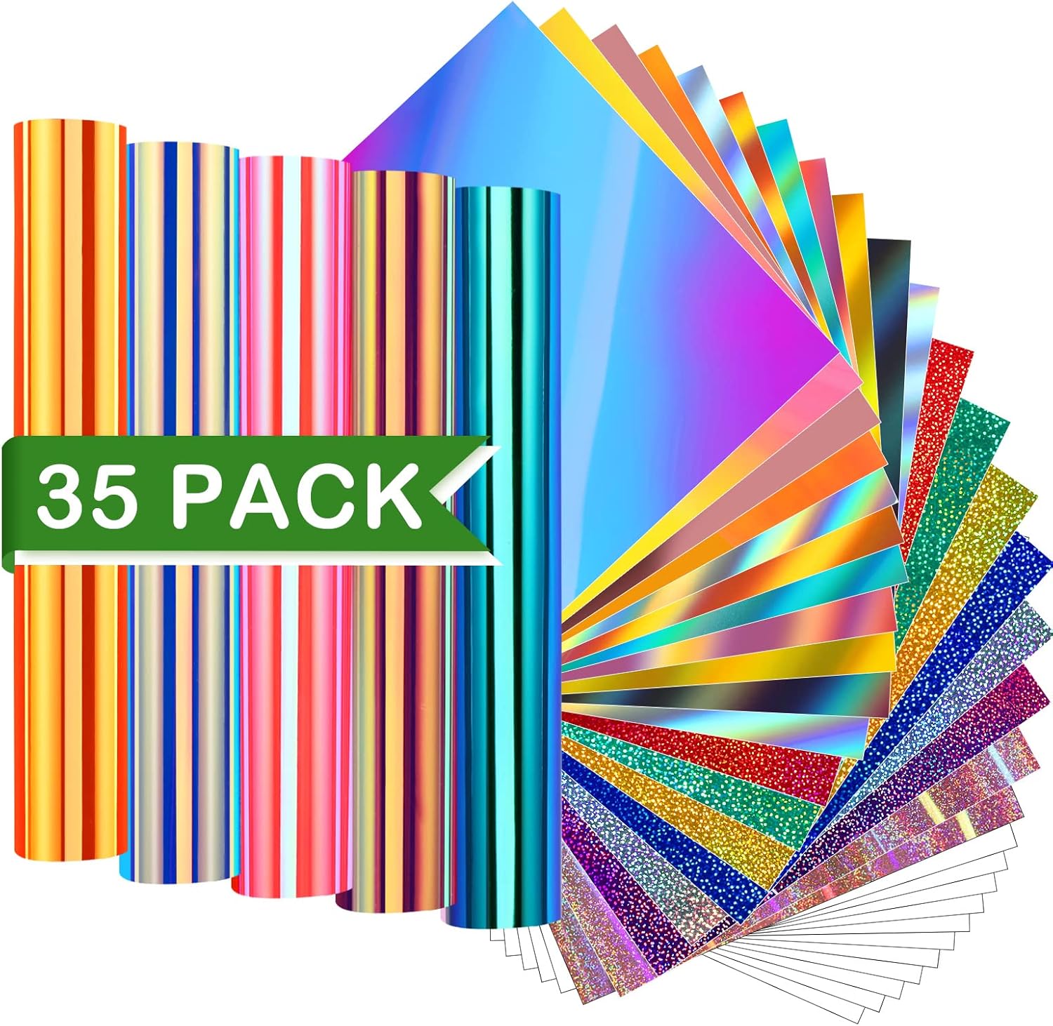 WRAPXPERT Holographic Permanent Vinyl Adhesive 35 Sheets Bundle-24 Vinyl Sheets 12"x12" & 6 Grid Transfer Paper & 5 Vinyl Layer Ppaer Compatible with All Crafters