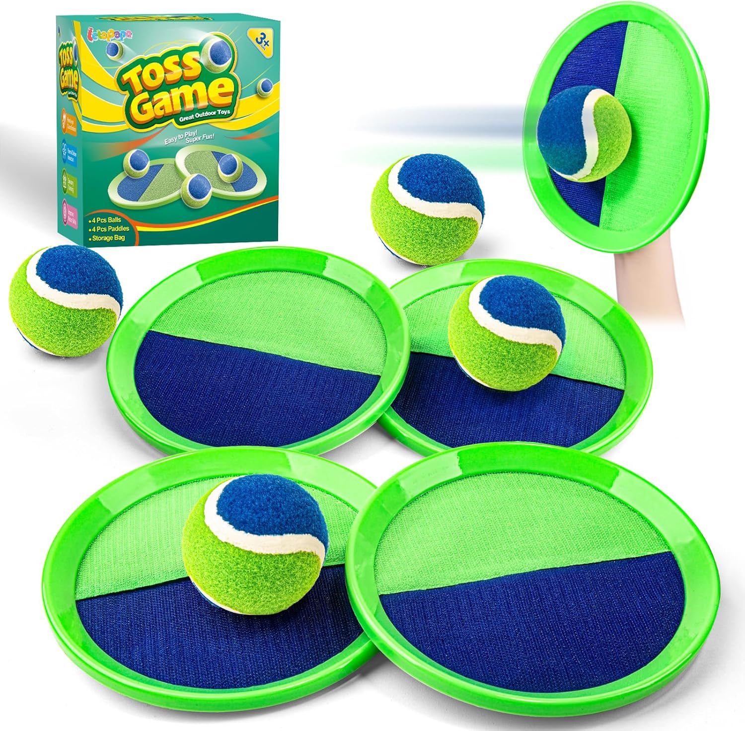 Letapapa Toss and Catch Ball Set, Pool Beach Outdoor Toys Games for Kids Ages 4-8-12, 4 Paddles 4 Balls and Storage Bag, Summer Yard Outdoor Game for Adult Family, Birthday Easter Gift for Kids