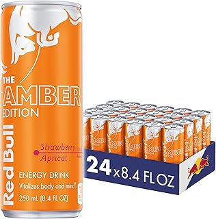 Red Bull Amber Edition Energy Drink, Strawberry Apricot, with 80mg Caffeine plus Taurine & B Vitamins, 8.4 Fl Oz, Pack of 24 Cans