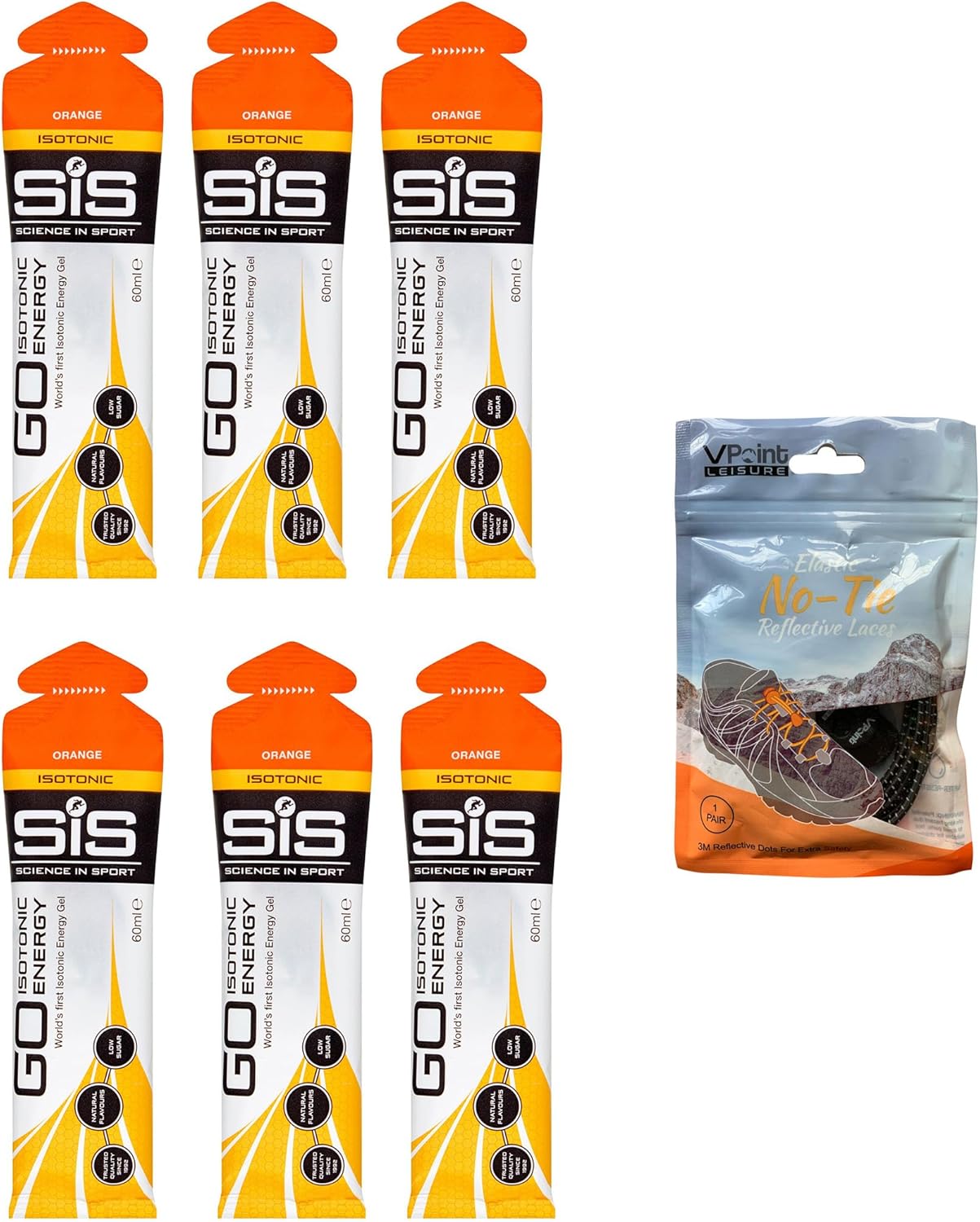 Science in Sport GO Isotonic Energy Gels - 6 x 60ml Packs Bundle with Elastic No-Tie Shoe Laces. Vegan, Lactose Free, Gluten Free, Wheat Free, Nut Free, SOYA Free (Orange)