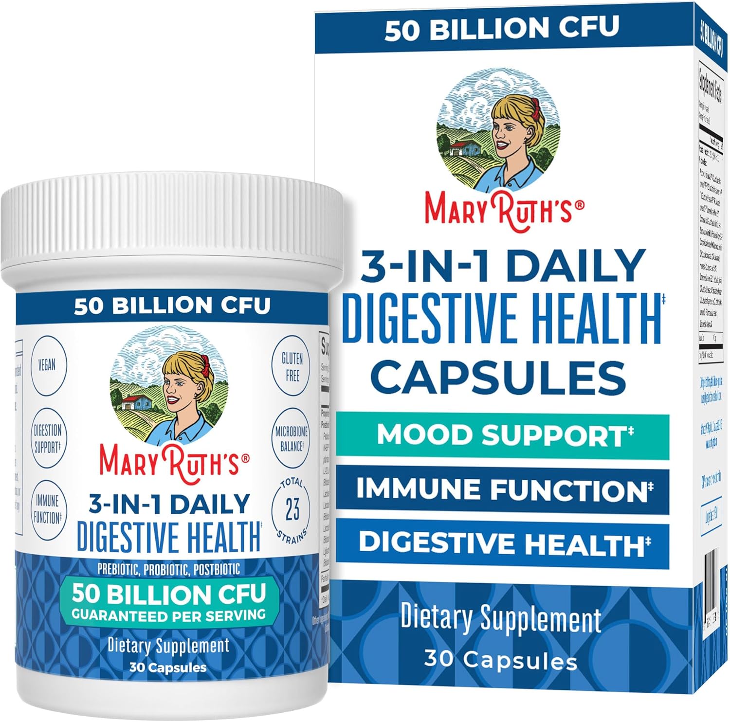 MaryRuth Organics 3 in 1 Probiotics for Digestive Health | Prebiotic & Postbiotic | Gut Health Supplement for Women & Men | Powder Probiotics for Women | Immune Support | 50 Billion CFU | 0.5 oz