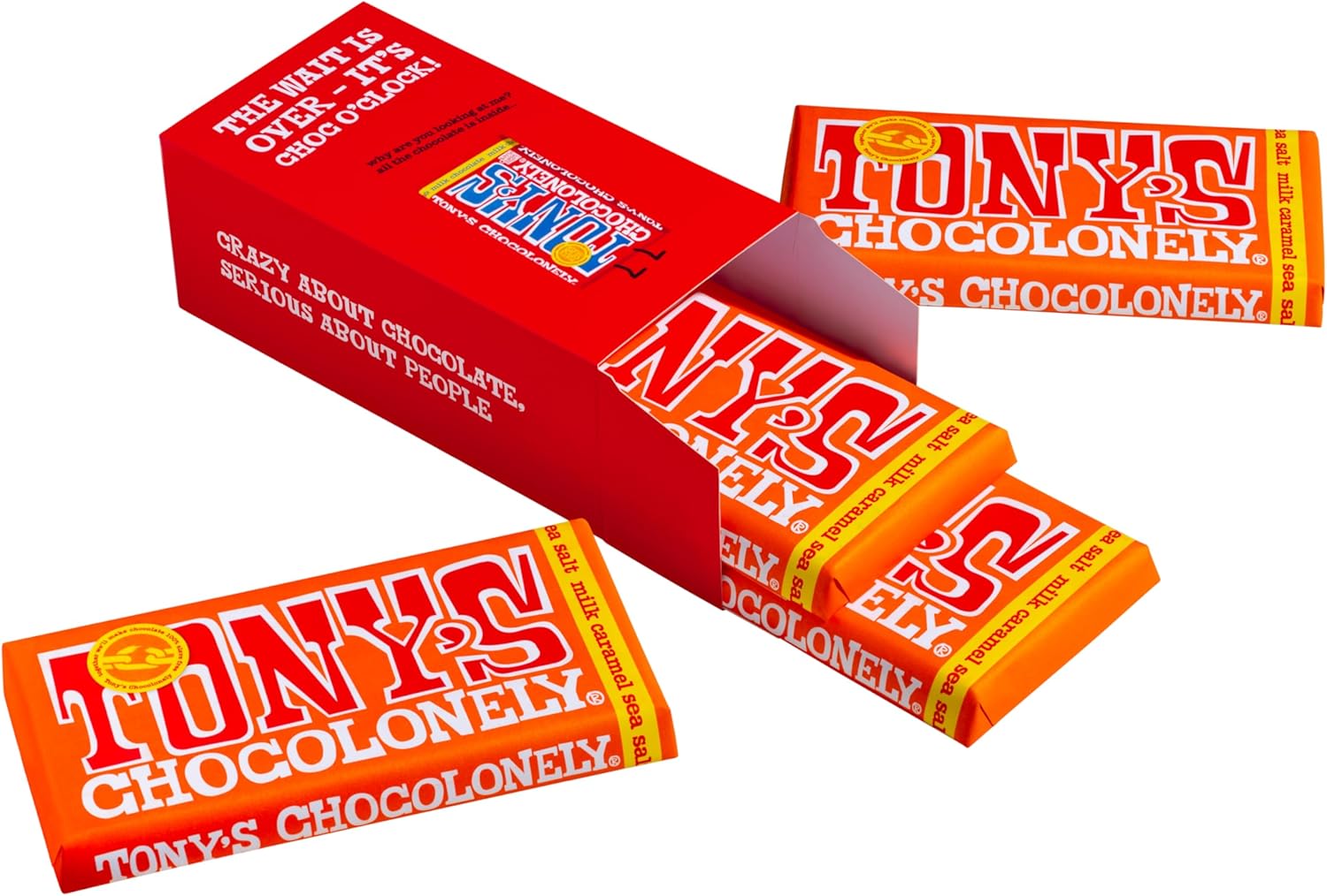 Tony's Chocolonely Milk Caramel Sea Salt Bars in Gift Box, 180 g x 4 Bars - Belgian Fairtrade Chocolate
