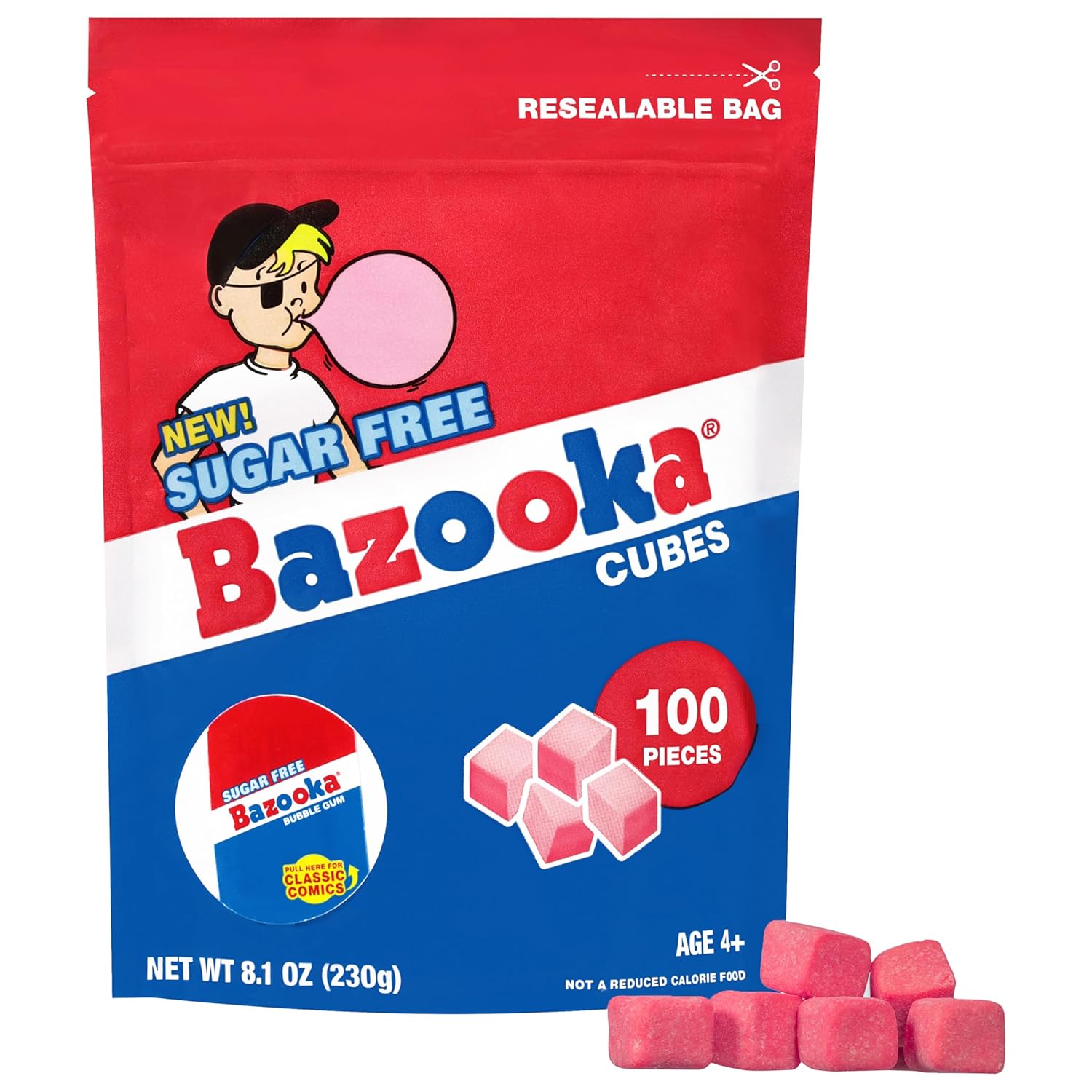 Bazooka Bubble Gum Sugar-Free Chewing Gum Cubes, Bulk in Resealable Bag, 100 Ct in Original Pink Flavor w/ Bazooka Joe Comics, Baseball Party Favors, Nostalgic 90s Candy
