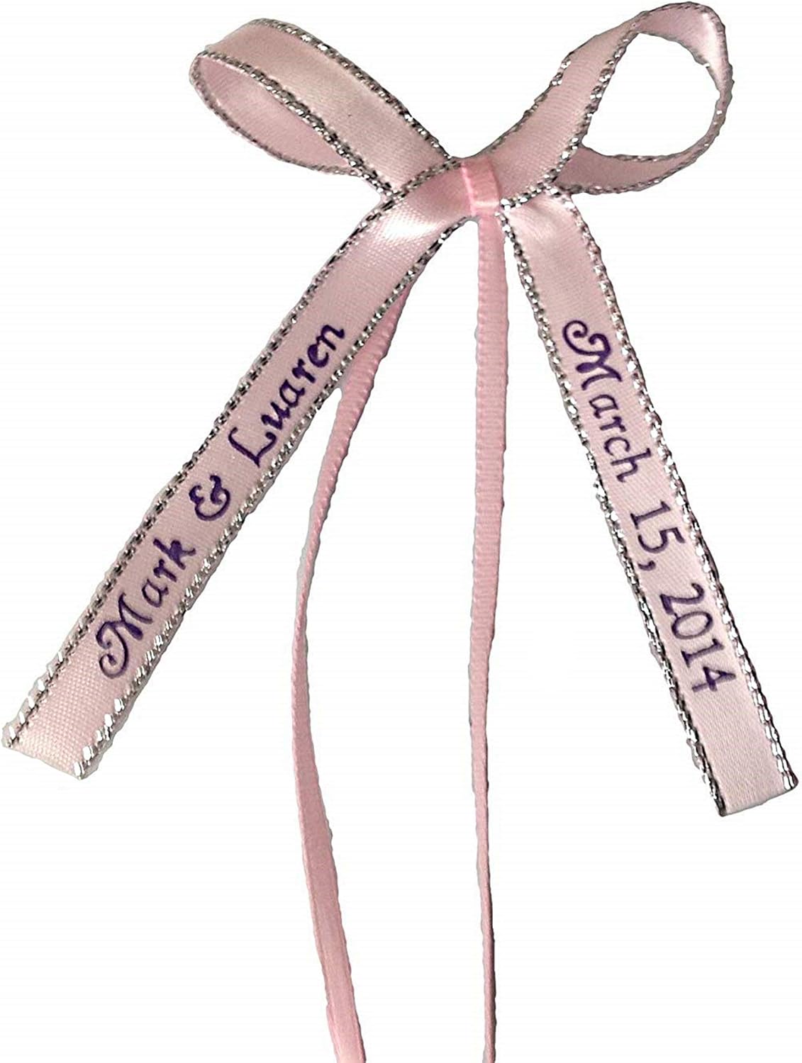 Brand Personalized Ribbon 3/8" Satin Silver Edge 50 Made Bows for Weddings Baby Showers etc Favor