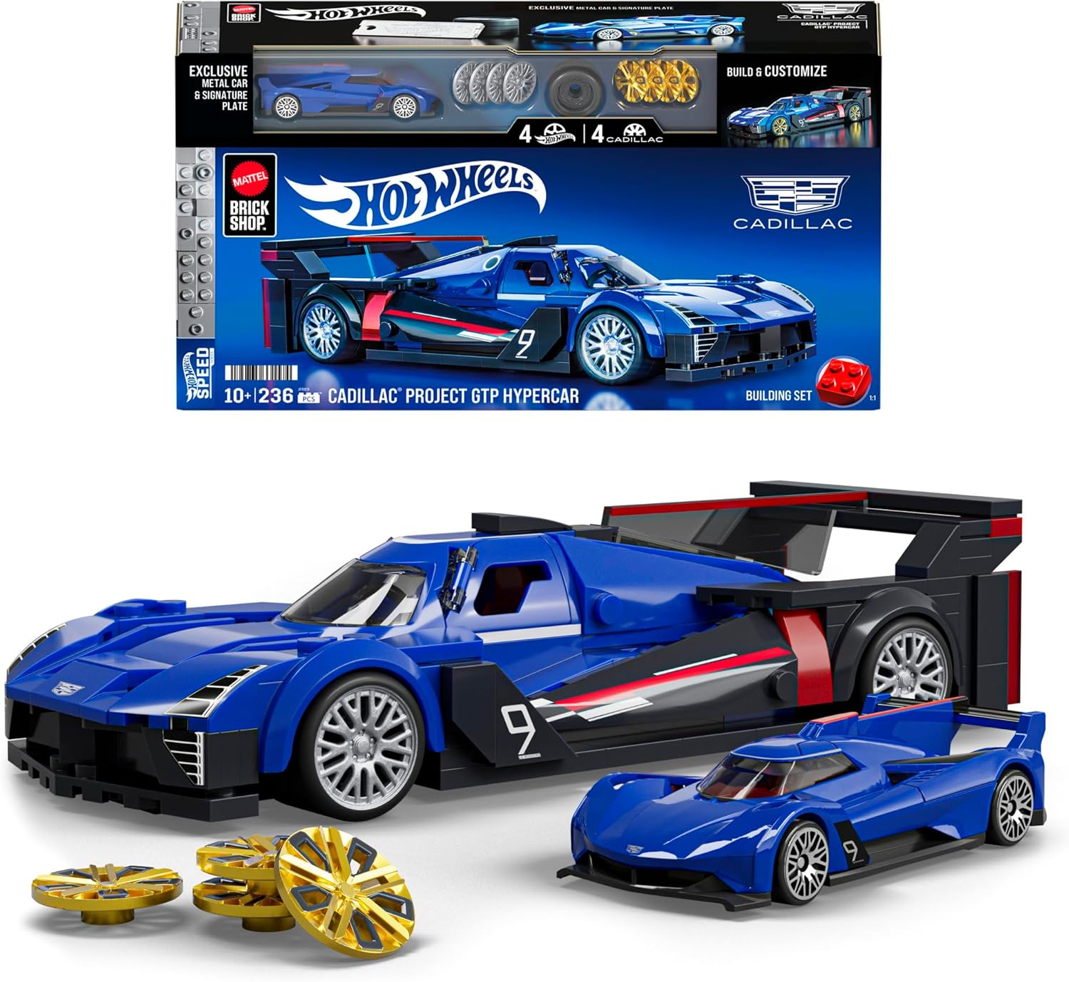 ​​Mattel Brick Shop Hot Wheels Speed Series Building Set, Cadillac Project GTP Hypercar with 236 Pieces, Realistic Details and Custom Decals, Adult Collectors and Kids Ages 10+, JFR89