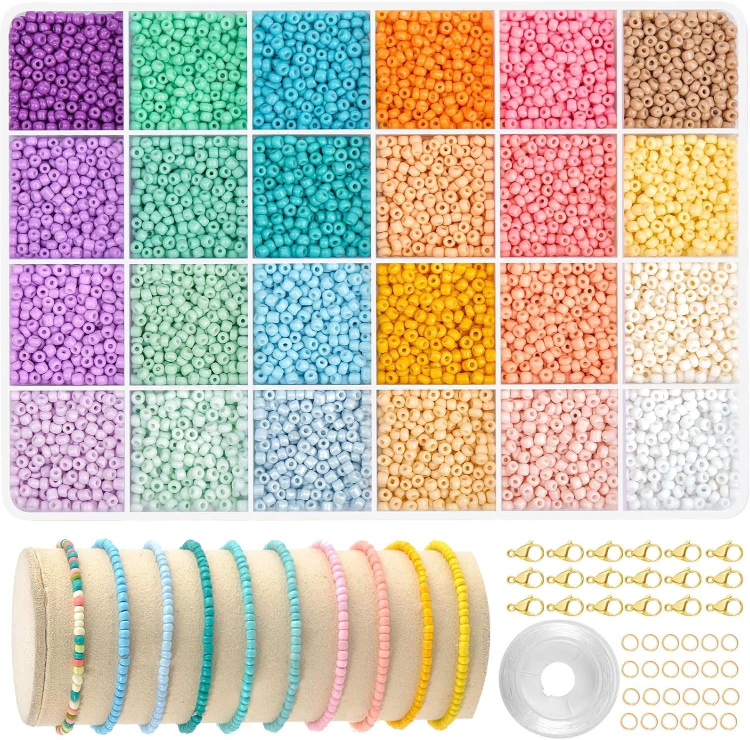 Ruby 3mm Seed Beads for Bracelet Making, 24 Colours Beads for Jewelry Making with Elastic String